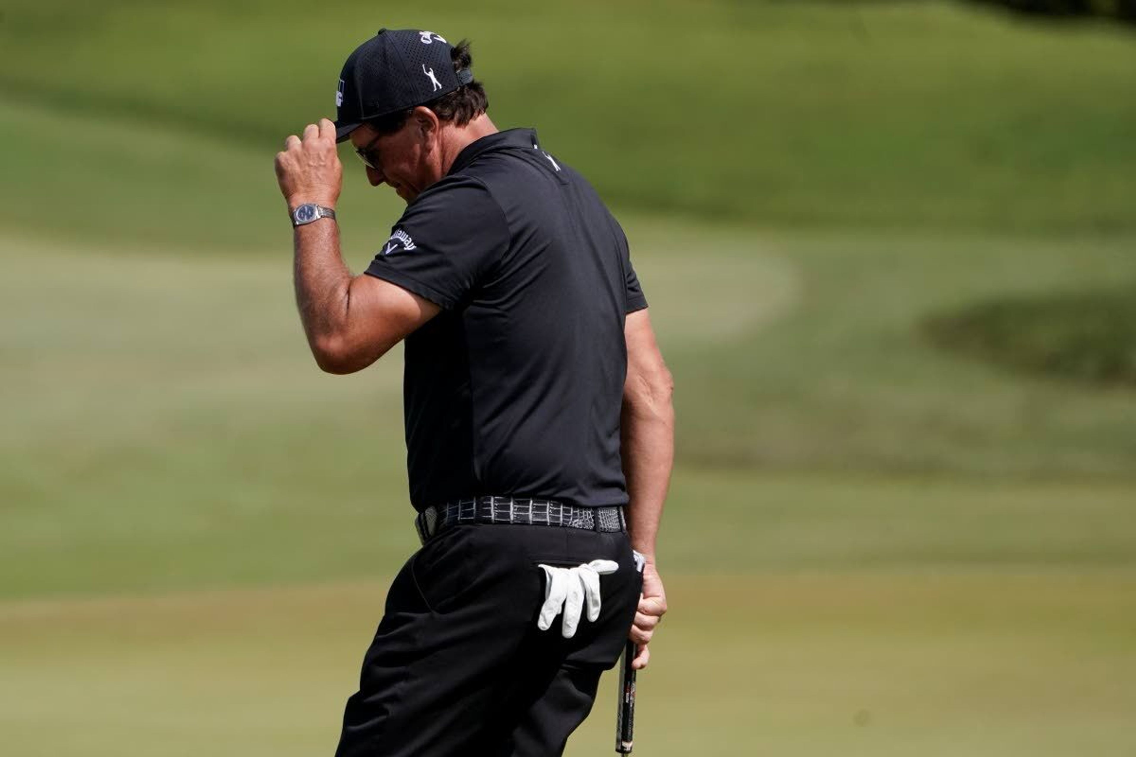 Phil Mickelson makes birdie on the sixth hole during the third round at the PGA Championship golf tournament on the Ocean Course, Saturday, May 22, 2021, in Kiawah Island, S.C. (AP Photo/Chris Carlson)