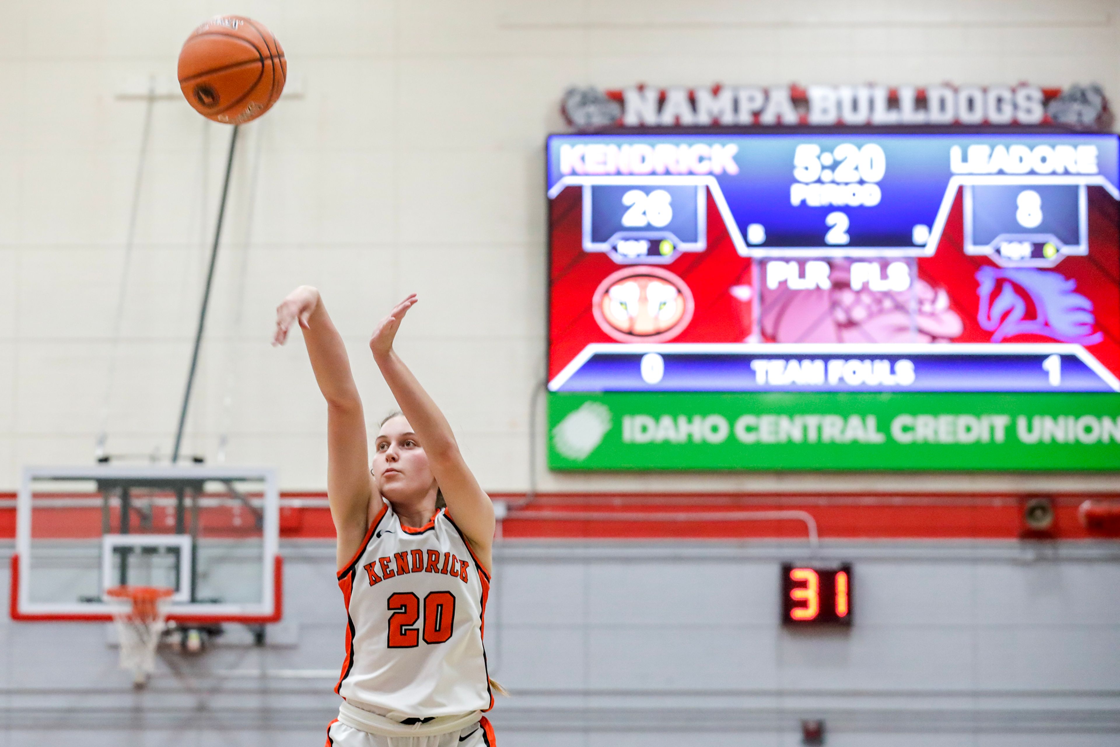 Kendrick forward Morgan Silflow shoots a three-pointer against Leadore during a quarterfinal game in the girls 1A DII state tournament Thursday at Nampa High School in Nampa.