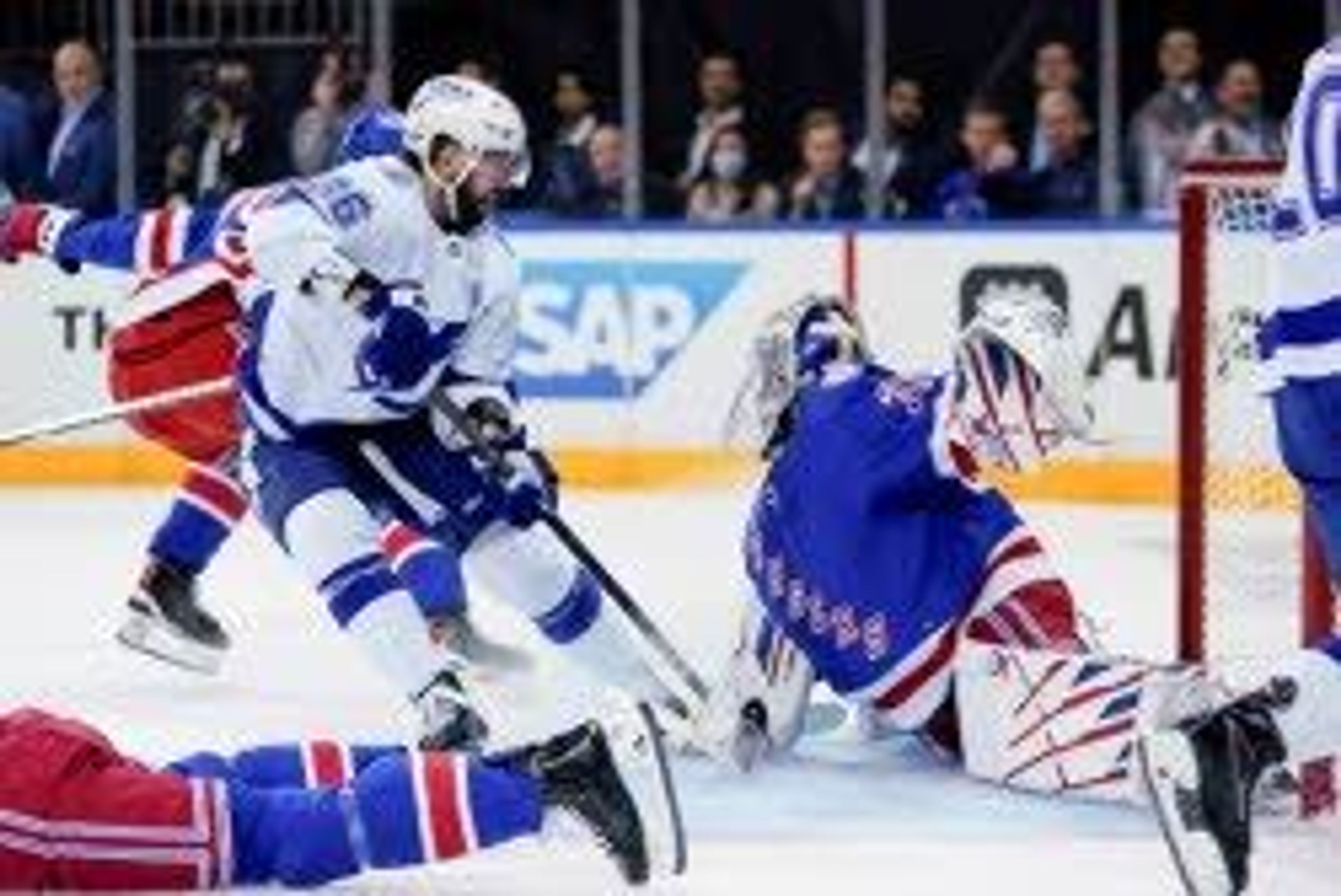 New York Rangers goaltender Igor Shesterkin (31) stops a shot by Tampa Bay Lightning's Nikita Kucherov (86) during the first period in Game 1 of the NHL hockey Stanley Cup playoffs Eastern Conference finals Wednesday, June 1, 2022, in New York. (AP Photo/Frank Franklin II)