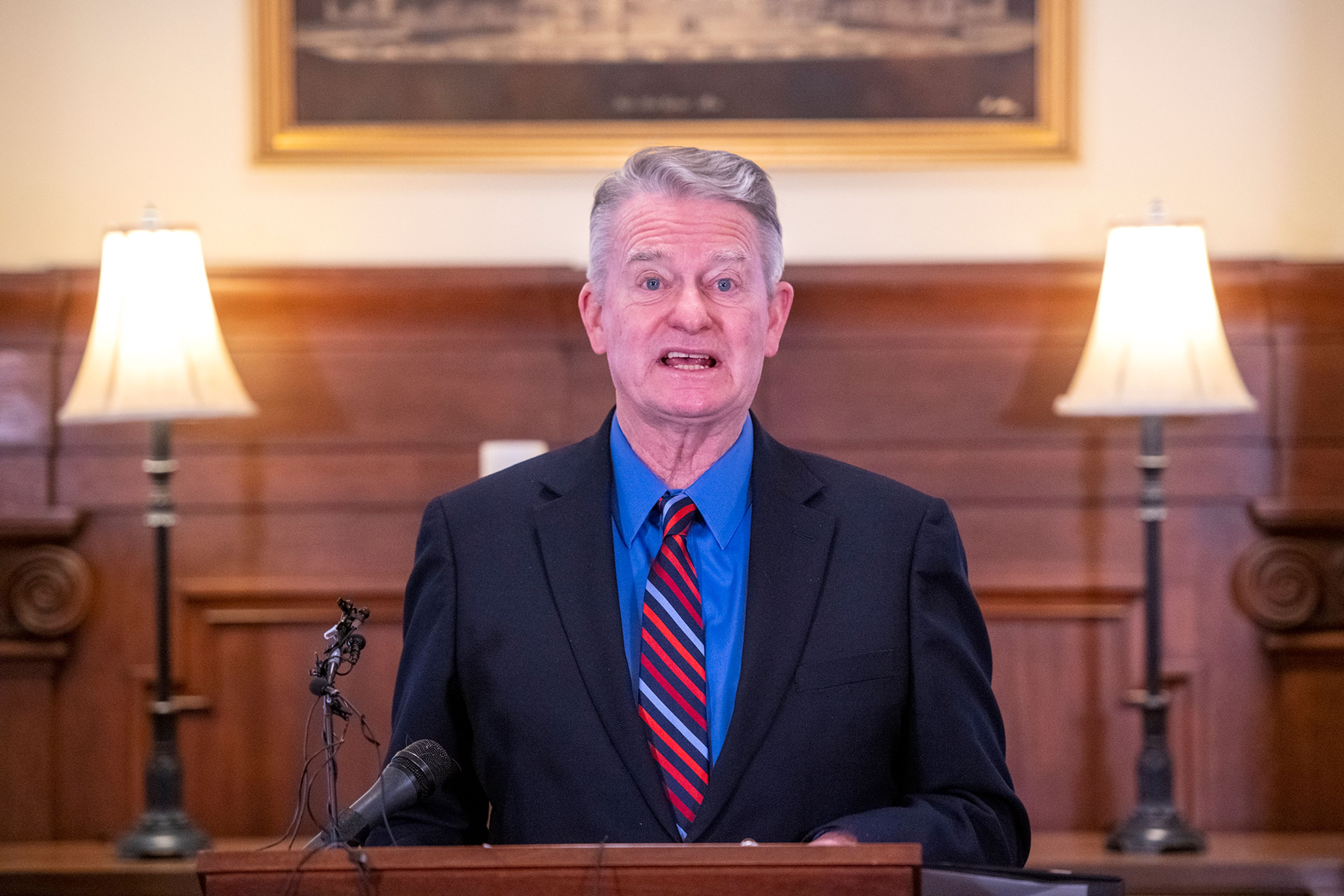 Idaho Governor Brad Little announces the establishment of the new Parent Advisory Council for the Empowering Parents grant program Monday during a press conference in his office at the Capitol Building in Boise. The Empowering Parents grant program helps families cover expenses such as computers, instructional material and tutors.