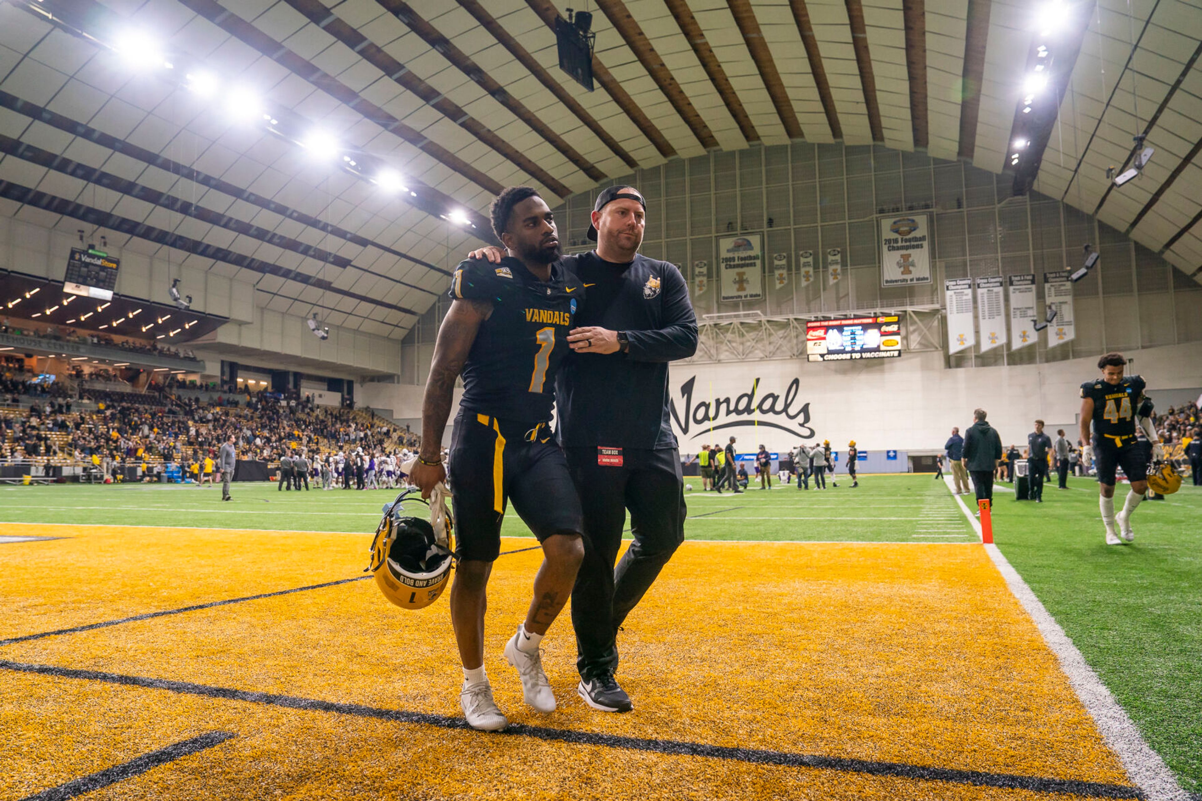 Idaho Vandals wide receiver Jermaine Jackson (1) walks to the locker room after losing their game against Albany 22-30 in the third round of the 2023 Division I FCS Football Championship on Saturday inside the Kibbie Dome in Moscow.