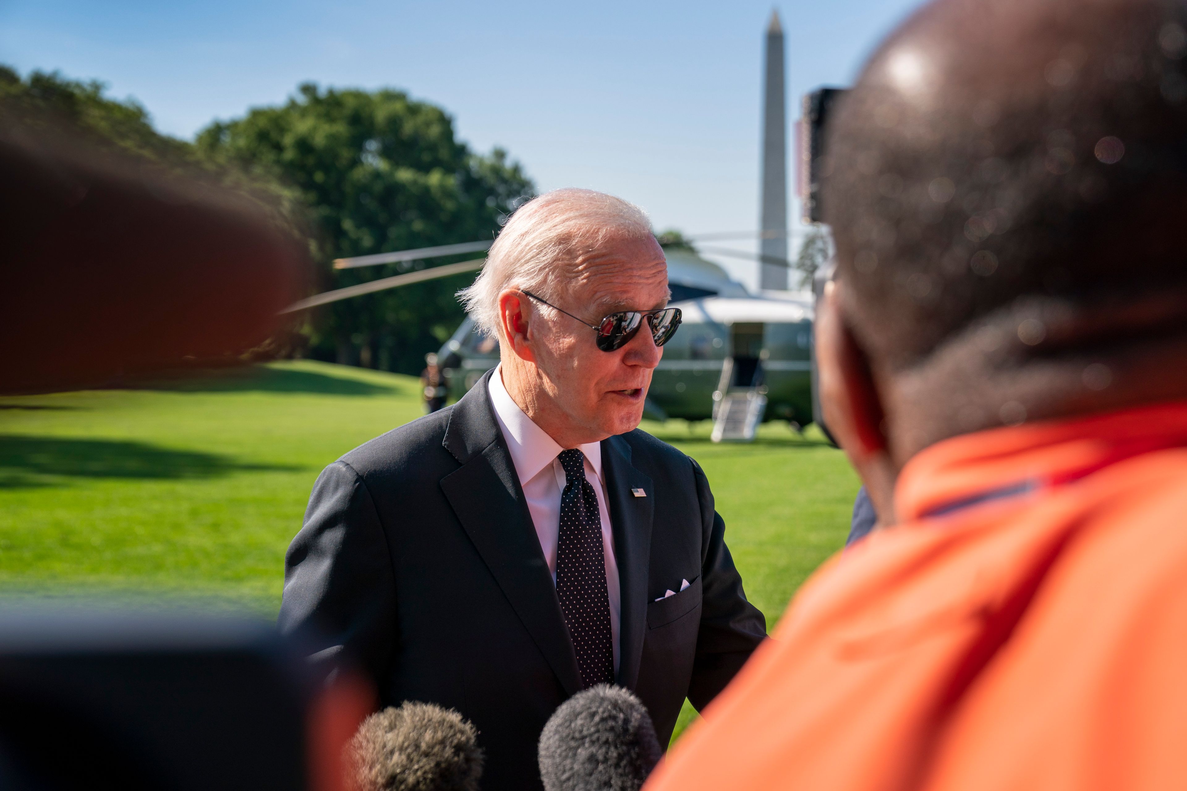 President Joe Biden speaks to members of the media on the South Lawn of the White House in Washington, Monday, May 30, 2022, after returning from Wilmington, Del. (AP Photo/Andrew Harnik)