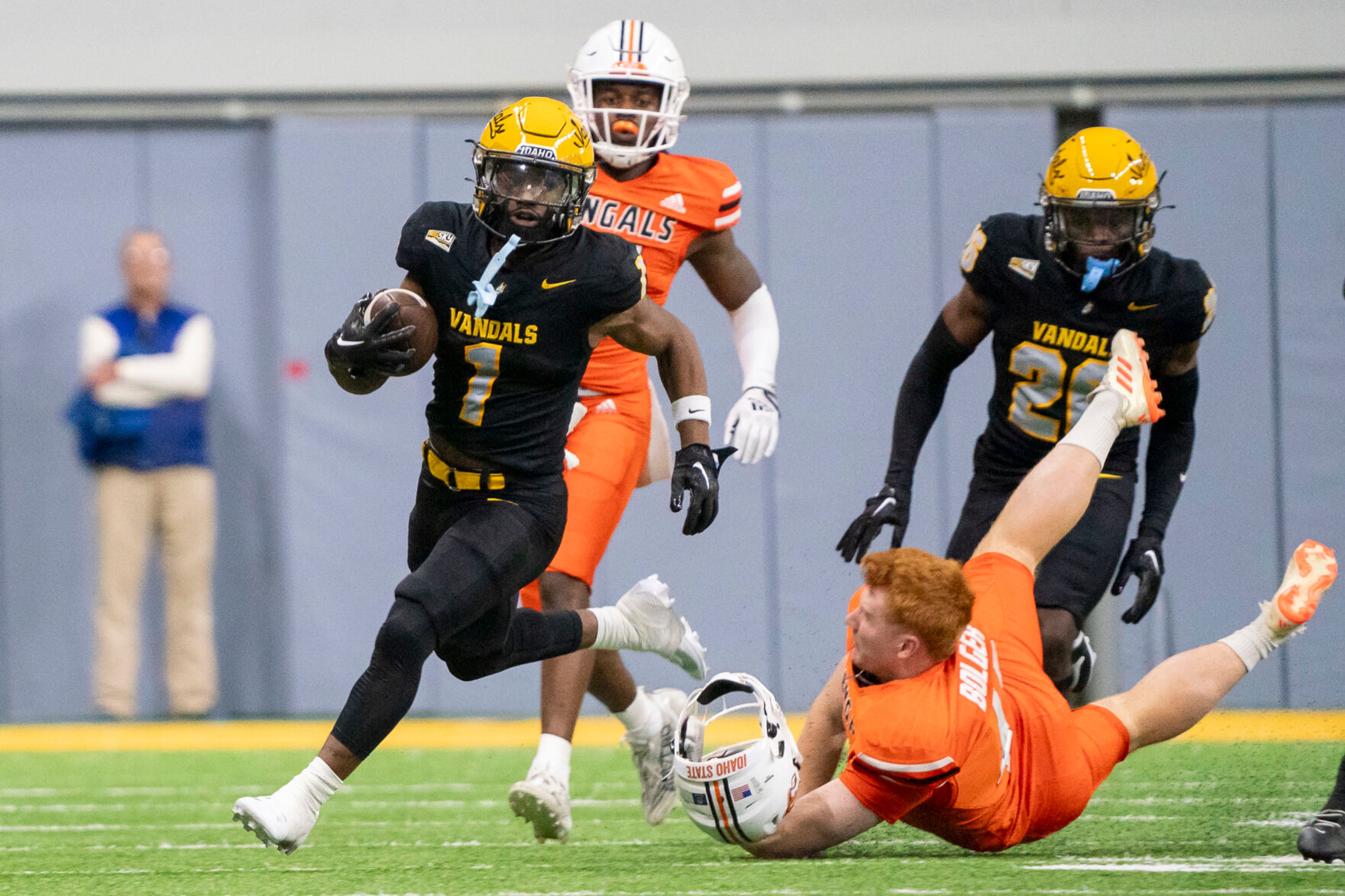 Idaho wide receiver Jermaine Jackson (1) returns a punt during a game against Idaho State on Saturday at the P1FCU Kibbie Dome in Moscow.