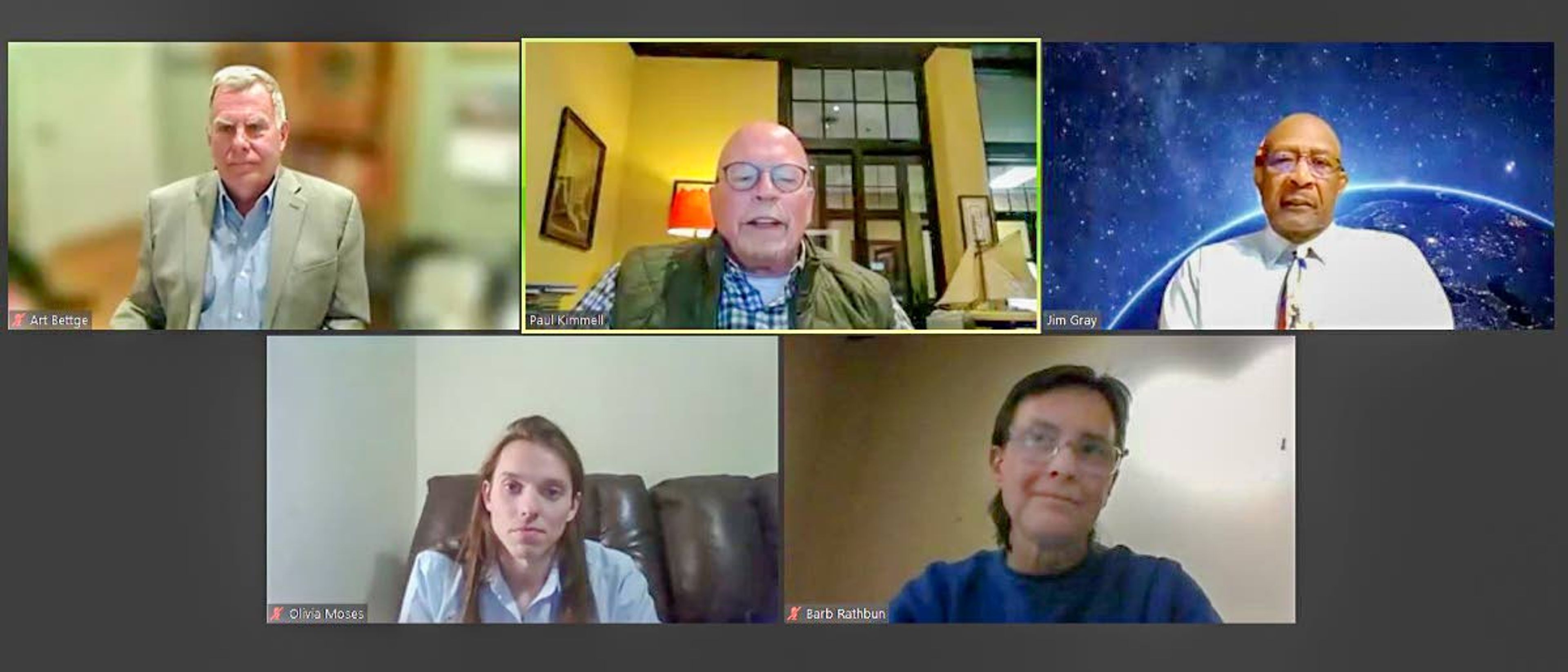 In this image taken from a screen grab of Tuesday’s Moscow Chamber of Commerce online candidate forum, moderator Paul Kimmell (center-top) asks a question of candidates for mayor. Candidates participating were (from left to right): Art Bettge, Olivia Moses, Barb Rathbun and Jim Gray.