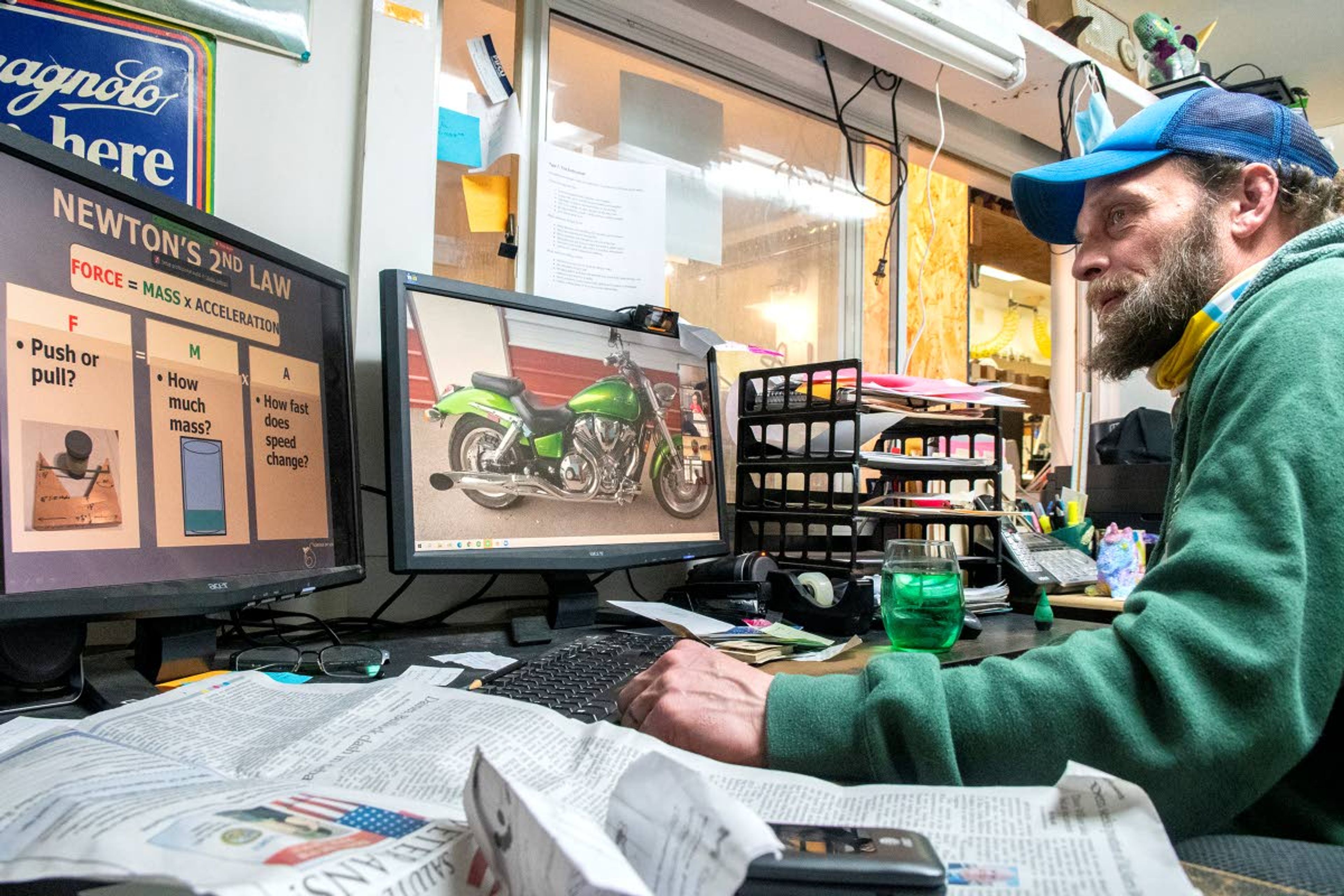 Zach Wilkinson/Daily NewsT. Jay Clevenger, owner of Paradise Creek Bicycles, teaches the Palouse Ice Rink’s Science on Ice program virtually from his office in downtown Moscow. “I like to teach kids. I love seeing the lightbulb go off when they put something I said to use,” Clevenger said.