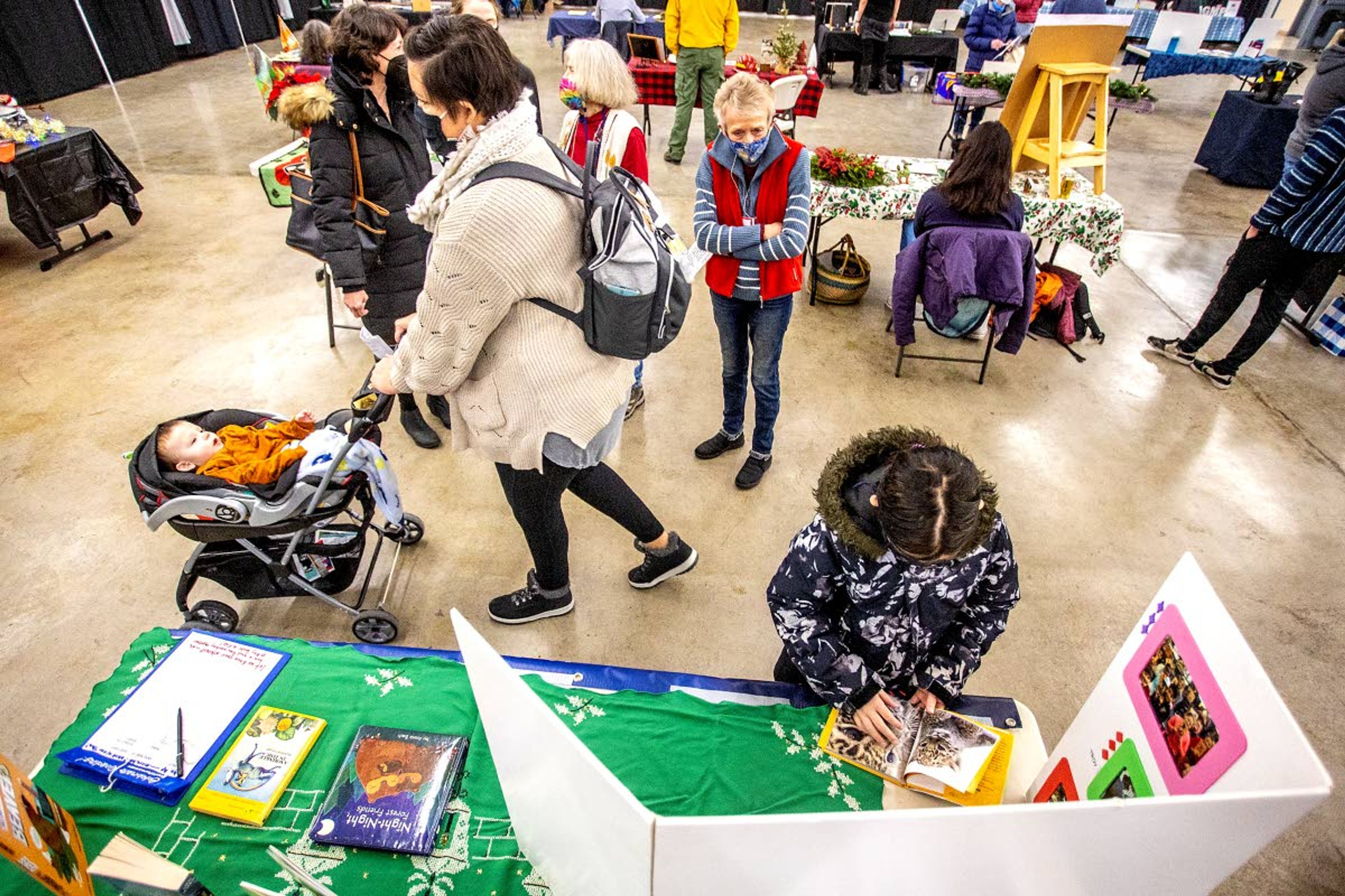 Amelia Turner, 7, leafs through a book at the University of Idaho Team First Book booth while her mother Nicole Turner pushes Daniel Turner, 8 months, all of Moscow, in his stroller at the Alternative Giving Market in Moscow on Saturday.