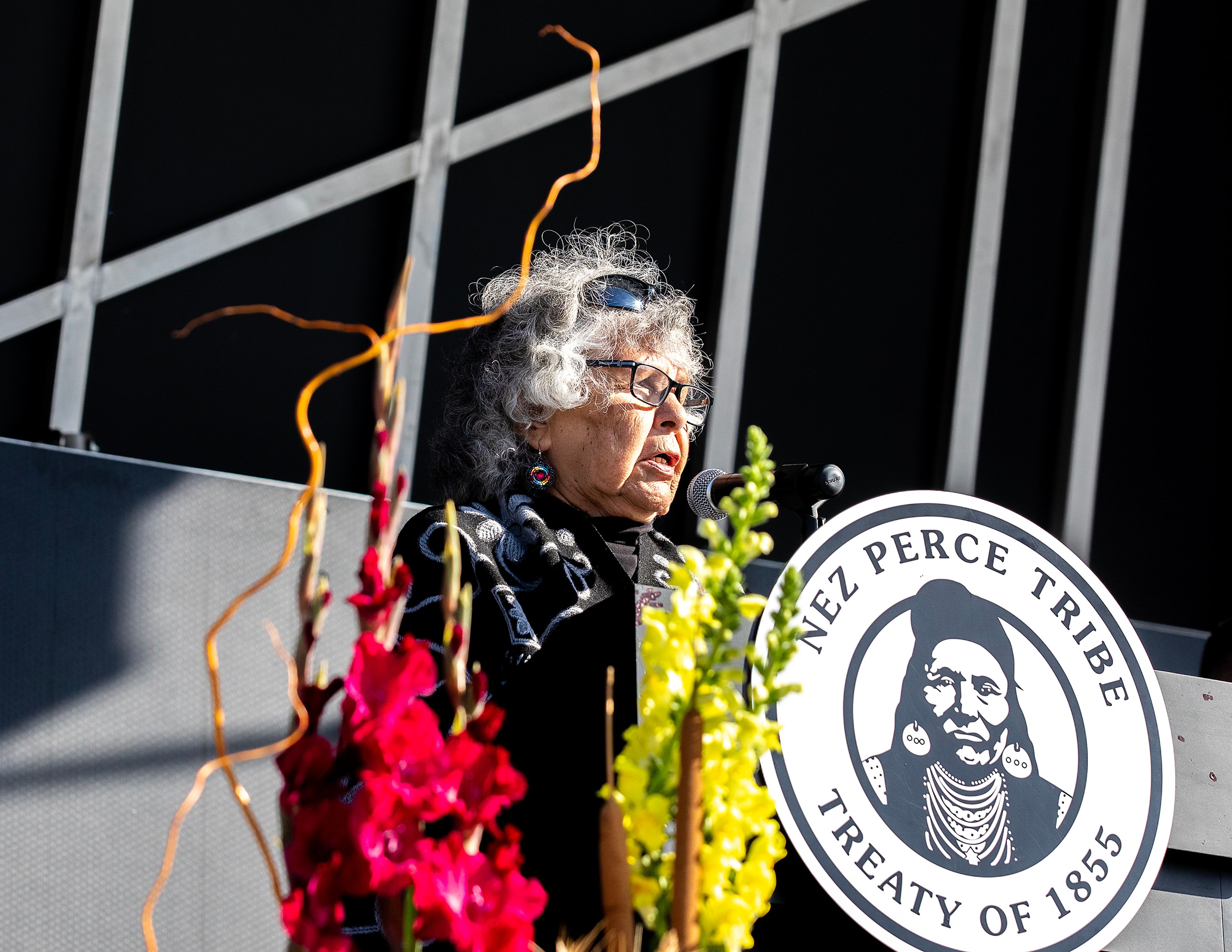 Mary Jane Miles, a member of the Nez Perce Tribe Executive Committee, delivers the blessing Thursday at the ribbon cutting ceremony for the Aht�Wy Interchange over U.S. Highway 95/12 in Lewiston.