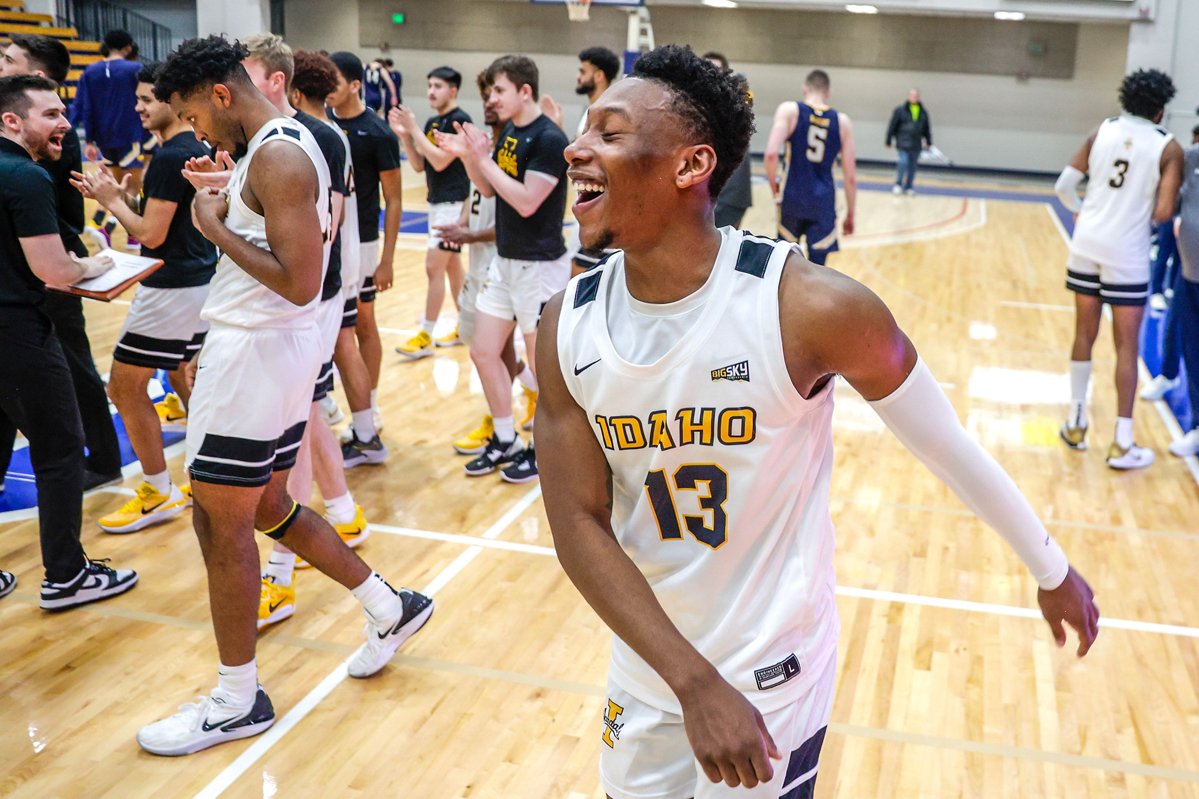 Idaho guard Divant'e Moffitt celebrates following Idaho’s victory over Northern Colorado in a Big Sky game at the P1FCU Activity Center on the Lewis-Clark State College campus Thursday in Lewiston.