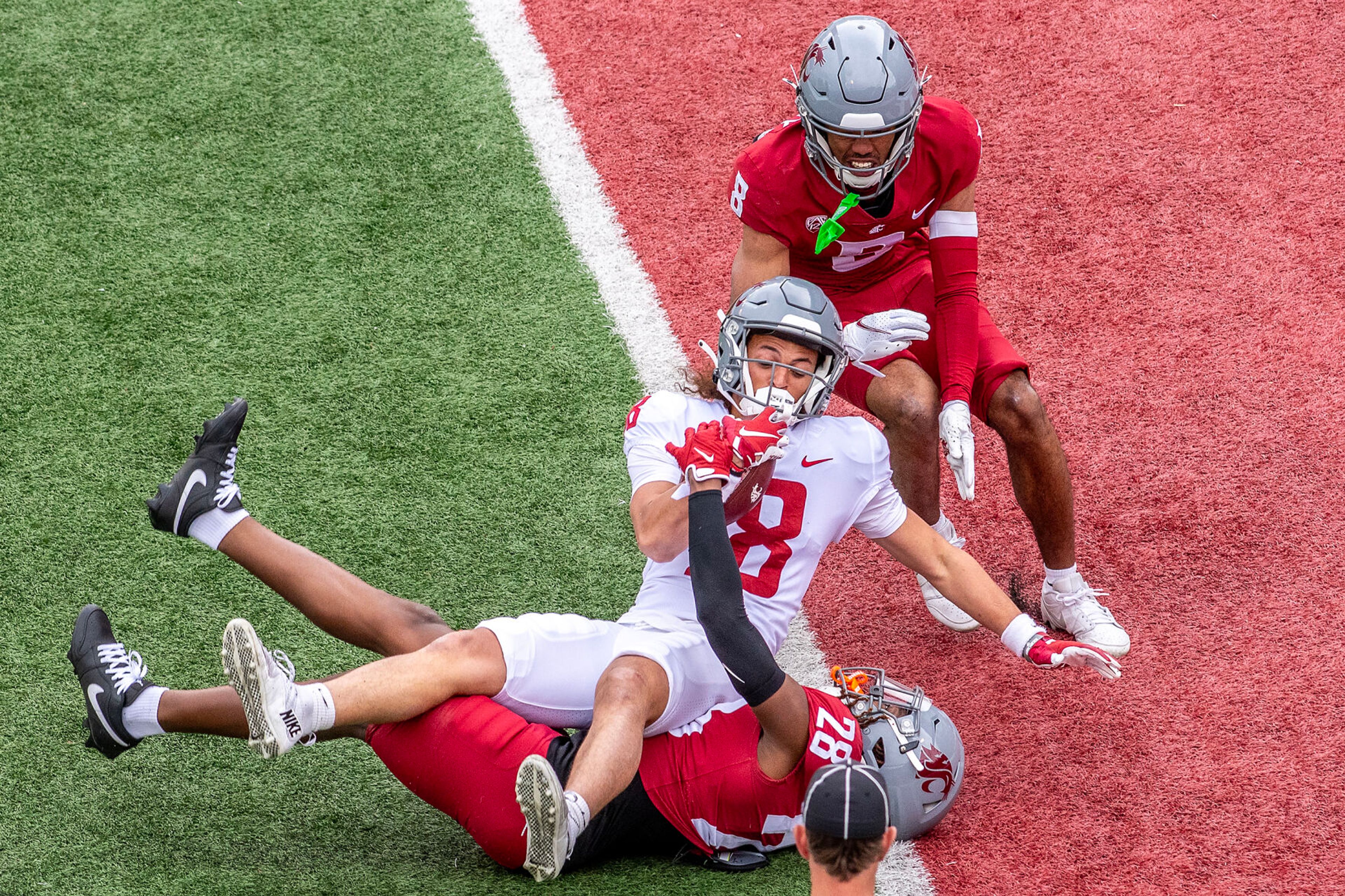 Gray wide receiver Josh Meredith rolls over Crimson defensive back Reece Sylvester into the end zone for a touchdown in a quarter of the Crimson and Gray Game at Washington State University in Pullman.