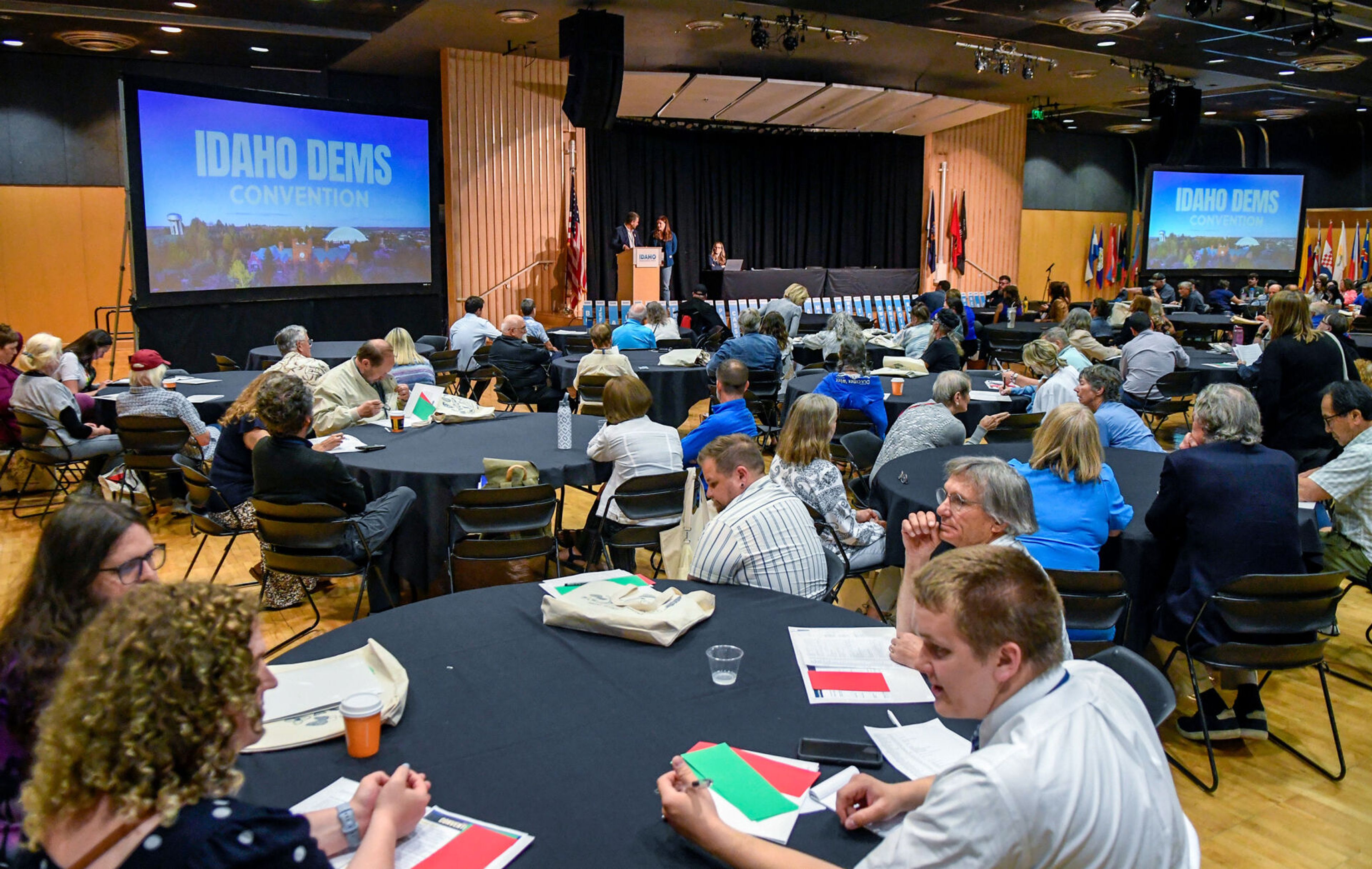 Those attending the Idaho Democratic Convention gather for announcements between sessions on Saturday at the Pitman Center in Moscow.