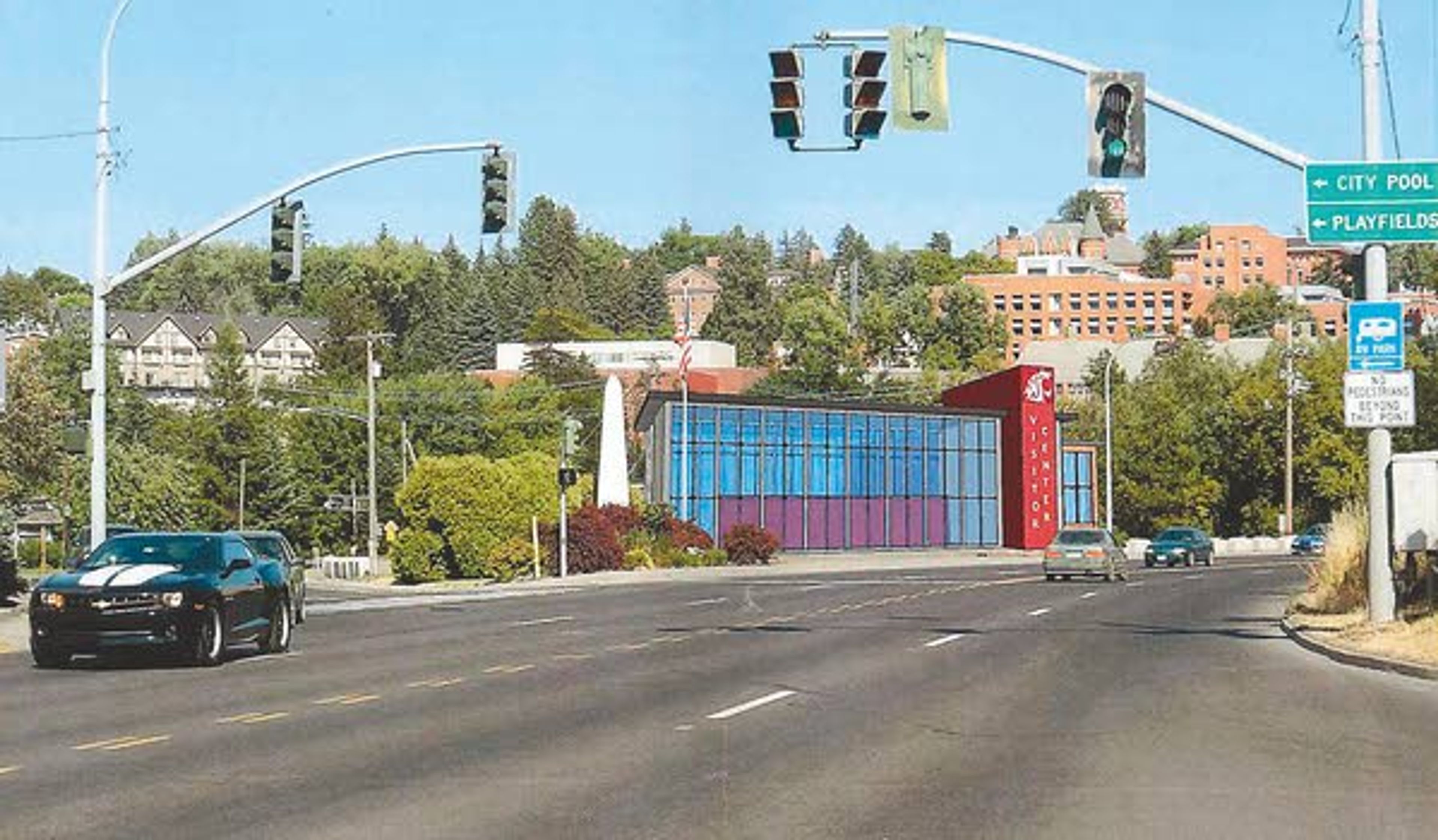 An architect's rendering shows a proposed new WSU visitor center
at the intersection Main and Spring streets in Pullman.