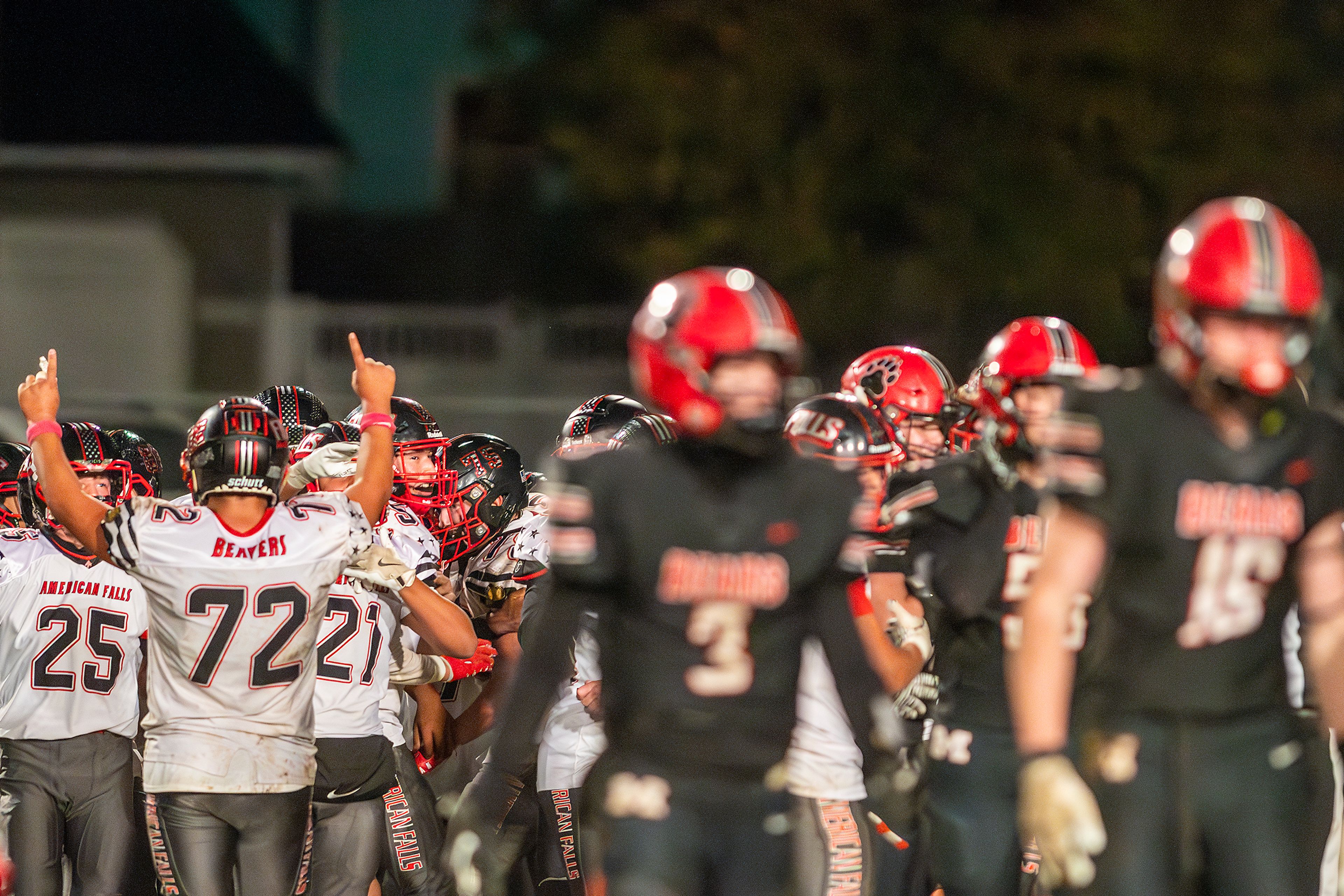 American Falls celebrates its win over Moscow in an Idaho 4A playoff game Friday in Moscow.