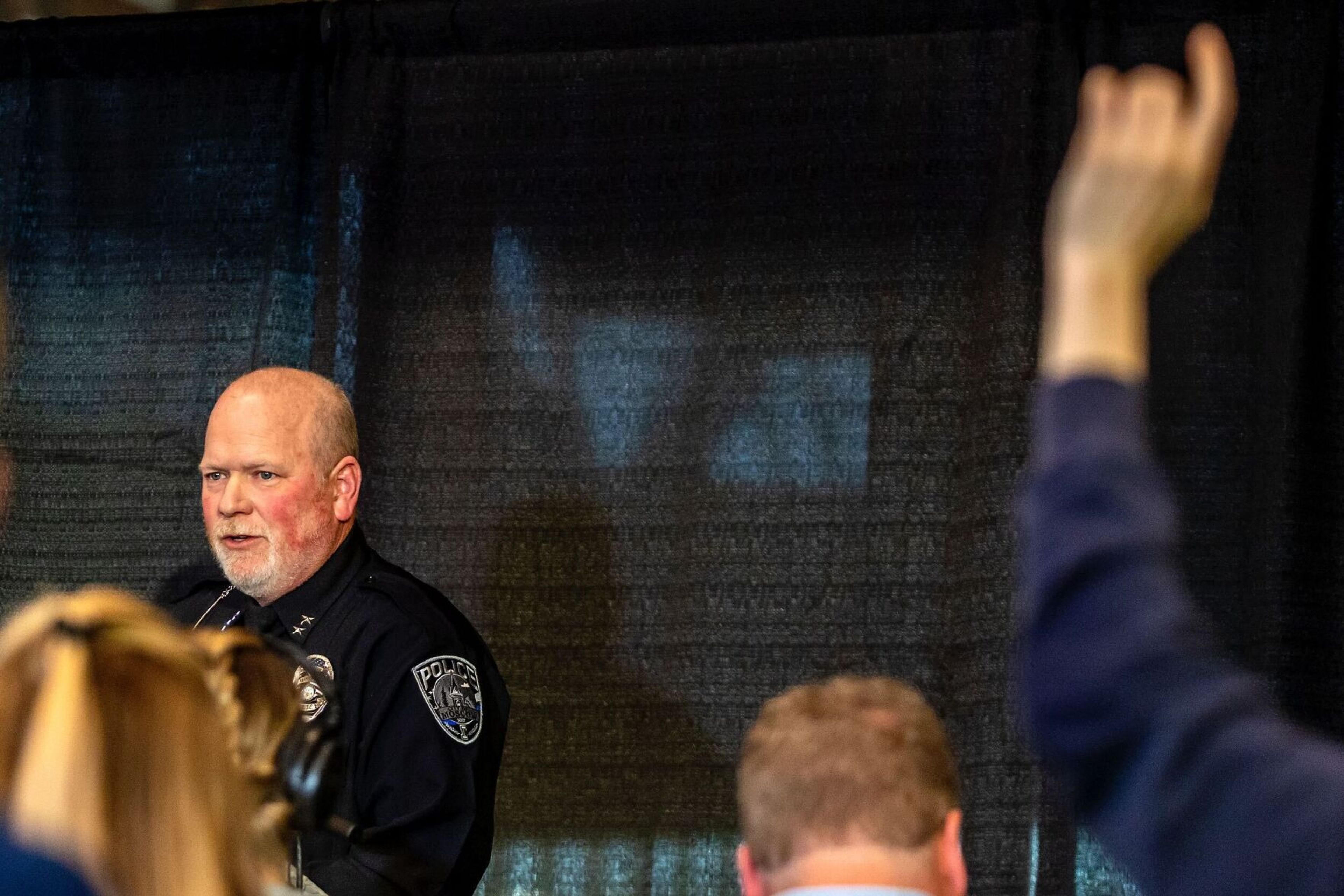 Moscow Chief of Police James Fry answers questions at a press conference on the quadruple homicide investigation in Moscow at the ICCU Arena on Sunday.