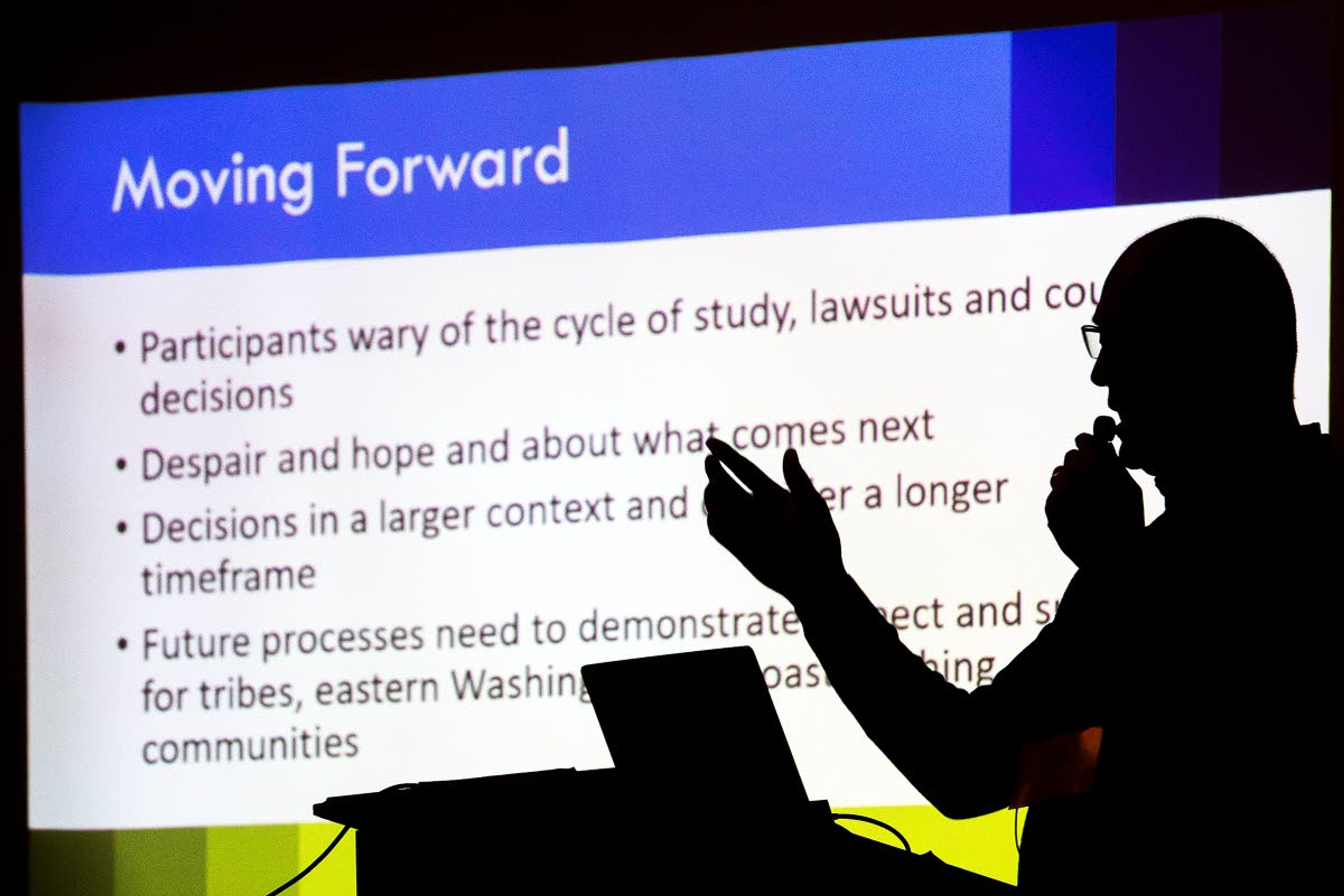 Jim Kramer, of Kramer Consulting, goes over some of the main points in the study commissioned by Washington Gov. Jay Inslee about the public opinion on the potential removal of the four lower Snake River dams during a public meeting in Clarkston on Tuesday night.