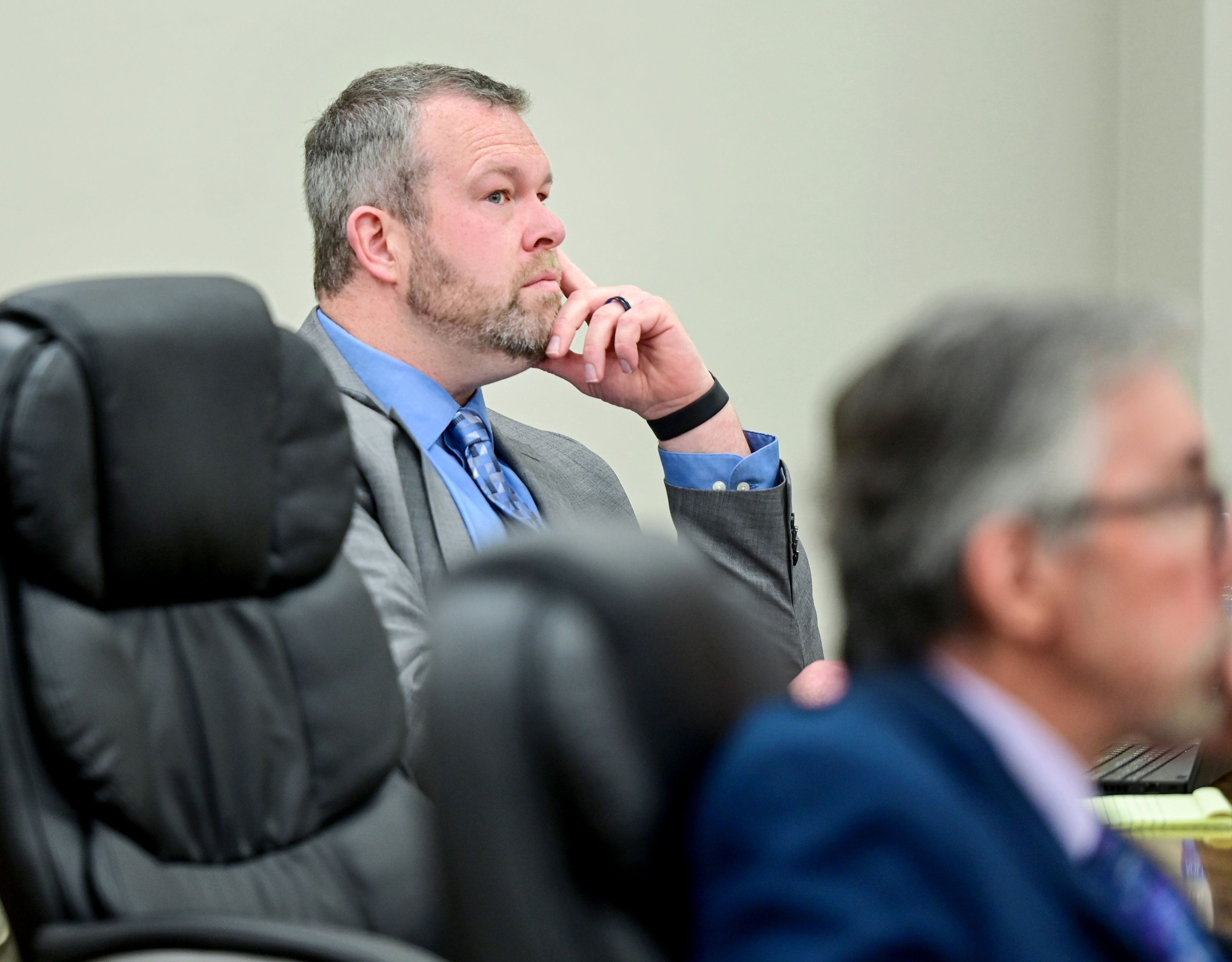 Detective Sgt. Chris Engle, employed by the Pullman Police Department, listens to a witness examination in the trial for Juan Trejo Perez, who’s accused of molesting a teenage boy in Pullman, at the Whitman County Superior Court in Colfax on Tuesday.