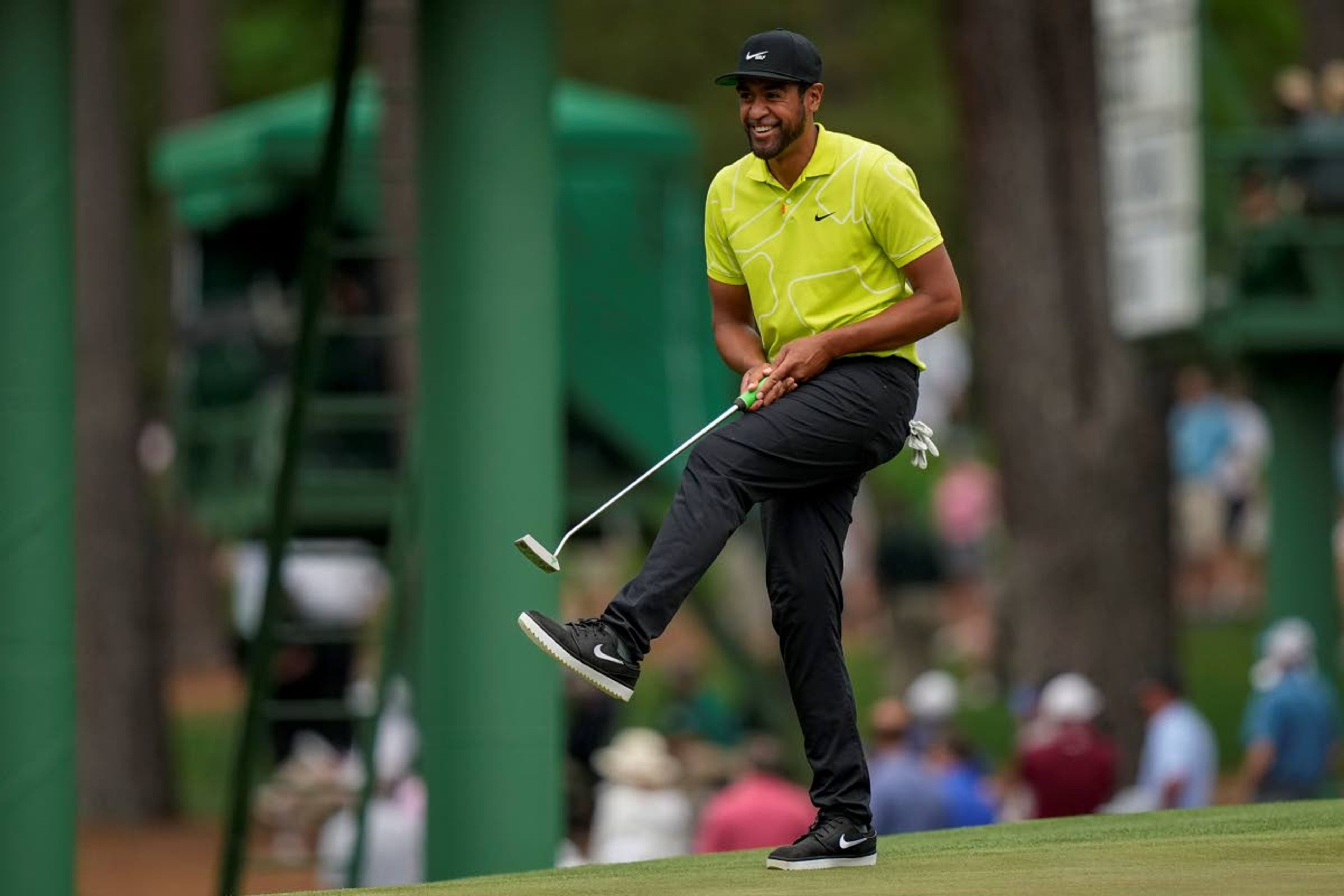 Tony Finau reacts after missing an eagle putt on the 15th hole during the second round of the Masters golf tournament on Friday, April 9, 2021, in Augusta, Ga. (AP Photo/David J. Phillip)