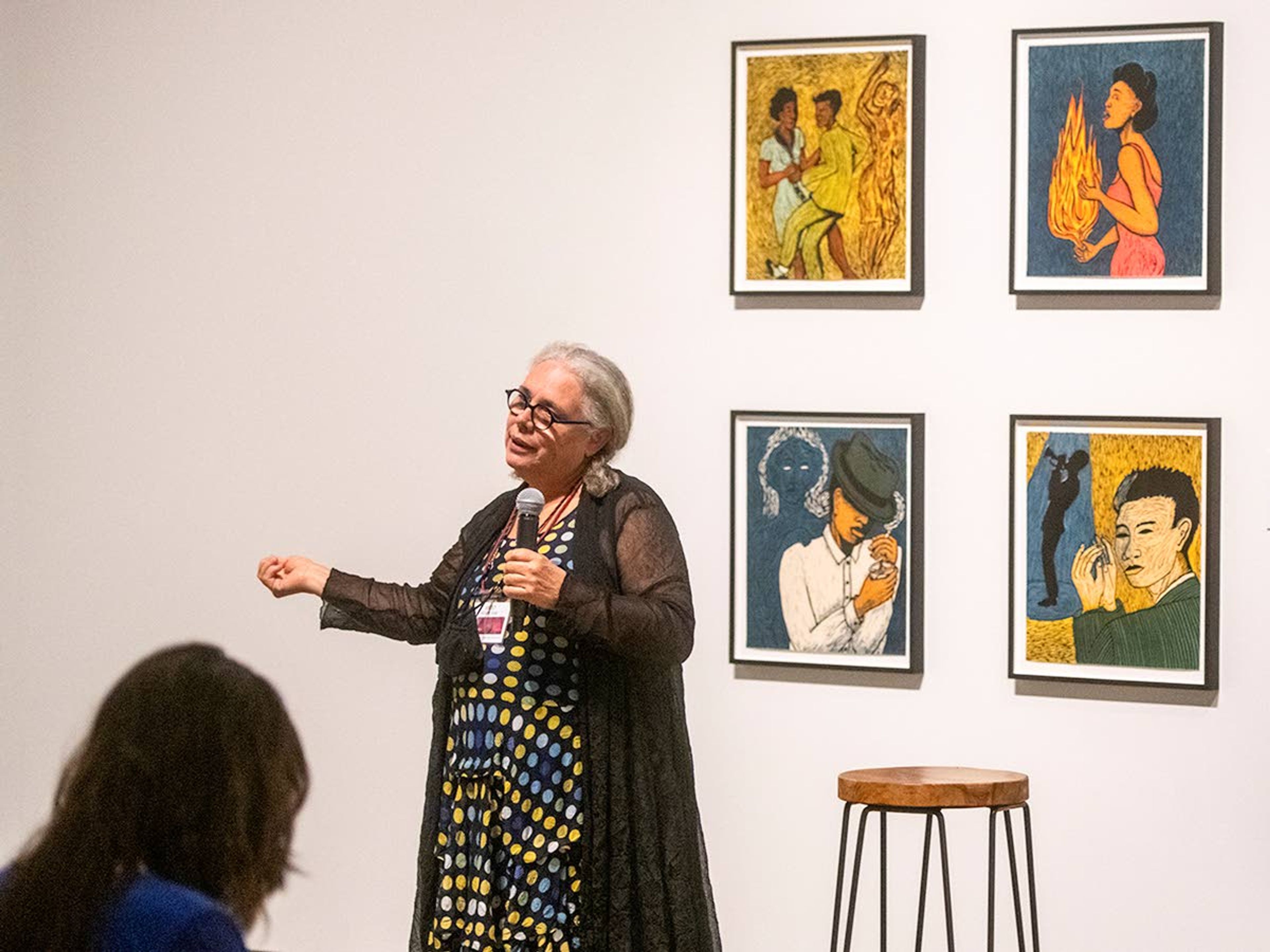 Artist Alison Saar speaks to an audience while discussing her art exhibit, “Mirror, Mirror: The Prints of Alison Saar, From the Collections of Jordan D. Schnitzer and His Family Foundation” at the WSU Jordan Schnitzer Museum of Art on Tuesday afternoon in Pullman.