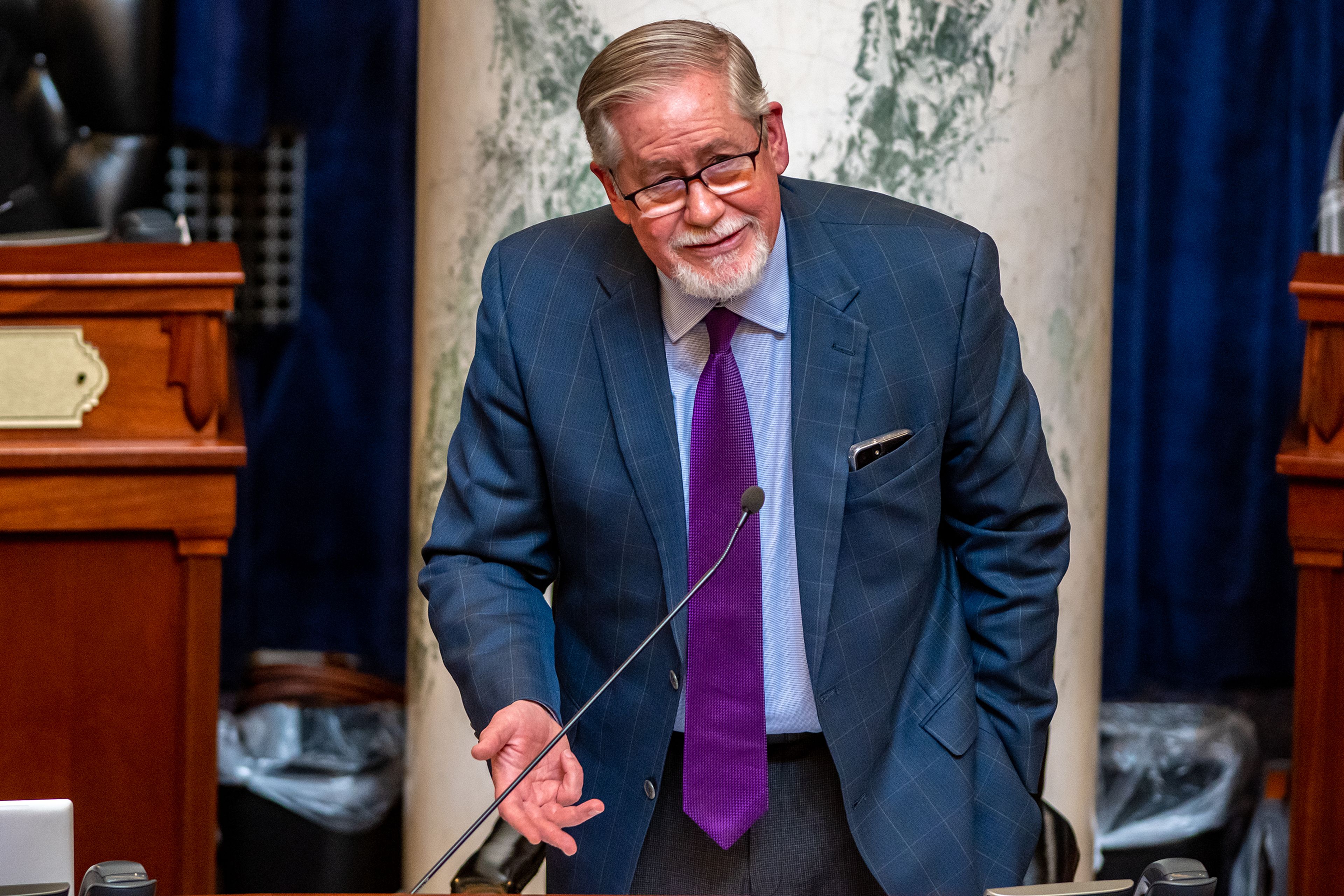 Representative Bruce Skaug addresses the Idaho House of Representatives on Tuesday during a legislative session regarding a ban on transgender care for minors at the Capitol Building in Boise.