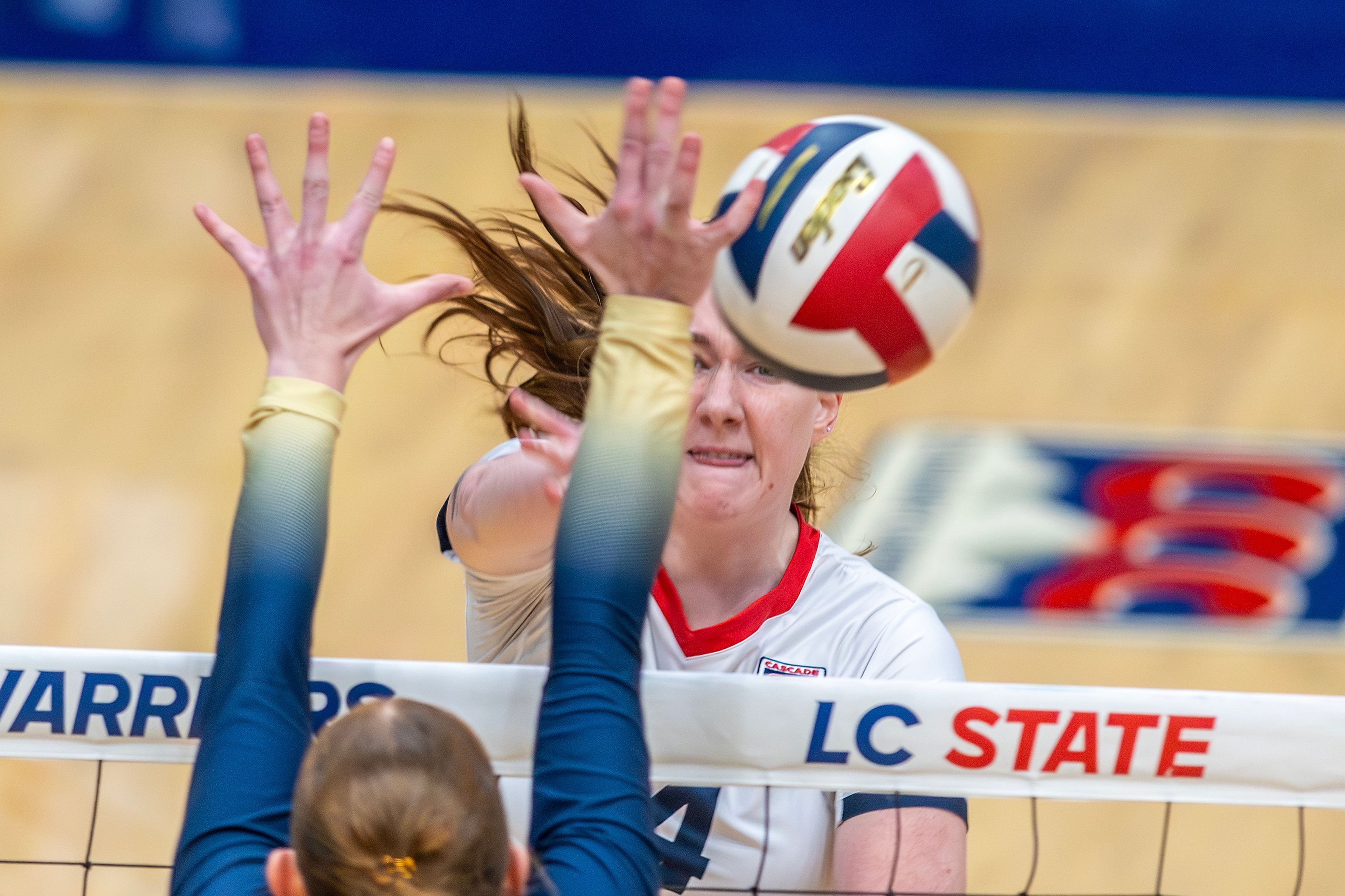 Lewis-Clark State opposite Anna Merrill hits the ball against Oregon Tech during a Cascade Conference Tournament play-in match Tuesday at Lewis-Clark State College.