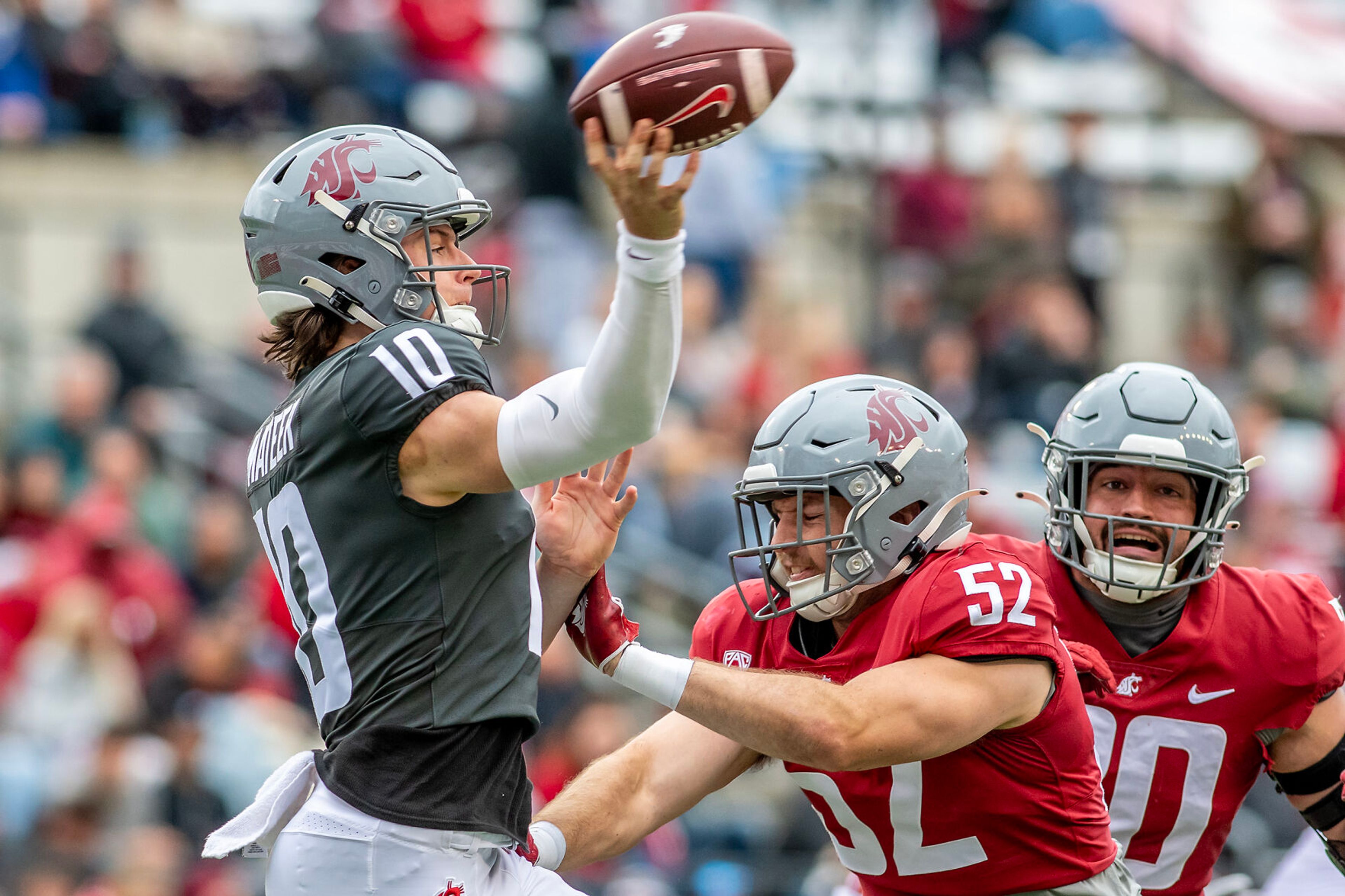 Gray quarterback John Mateer throws a pass against Crimson in a quarter of the Crimson and Gray Game at Washington State University in Pullman.