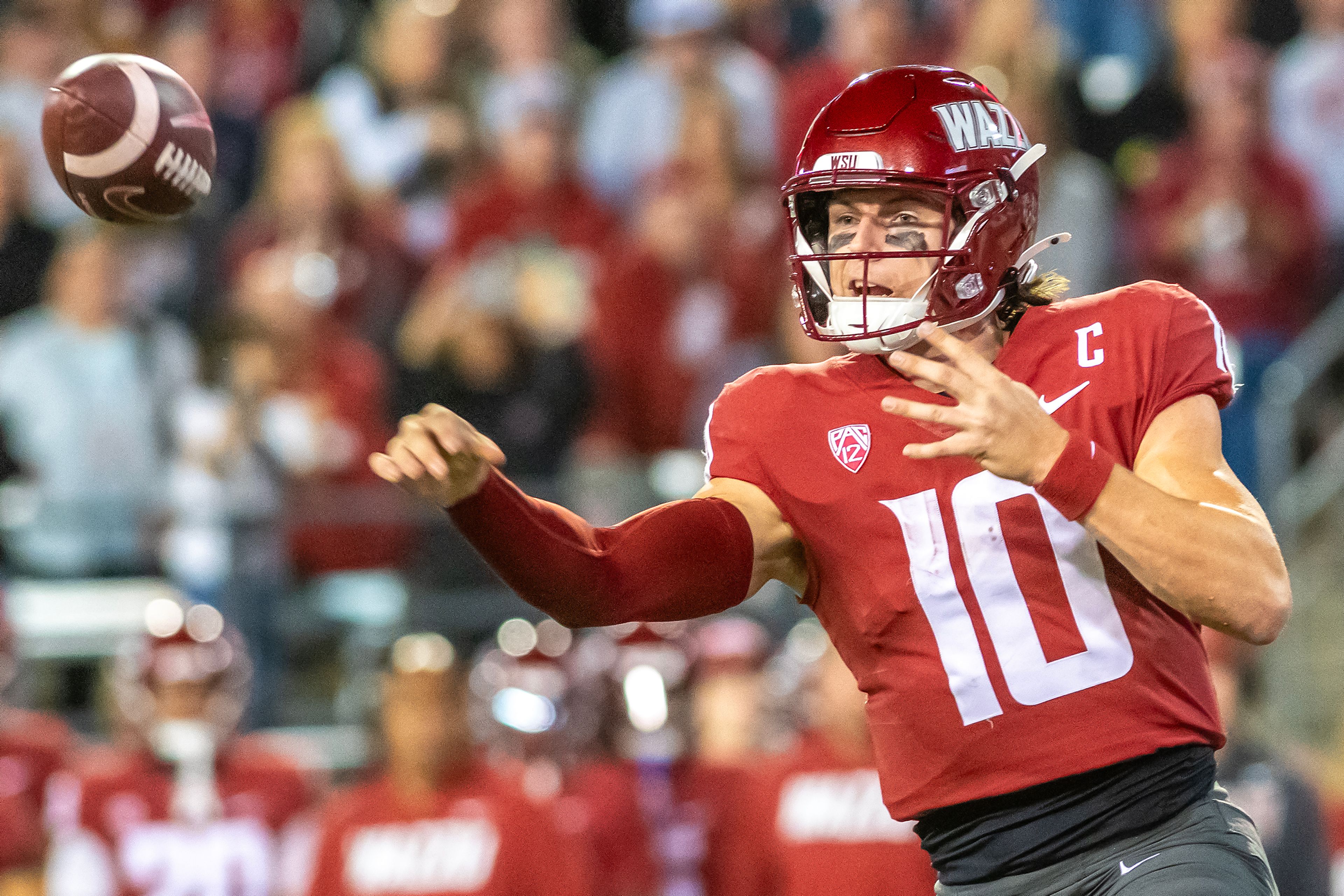 Washington State quarterback John Mateer throws a pass against San Jose State during a game on Sept. 20 at Gesa Field in Pullman.,