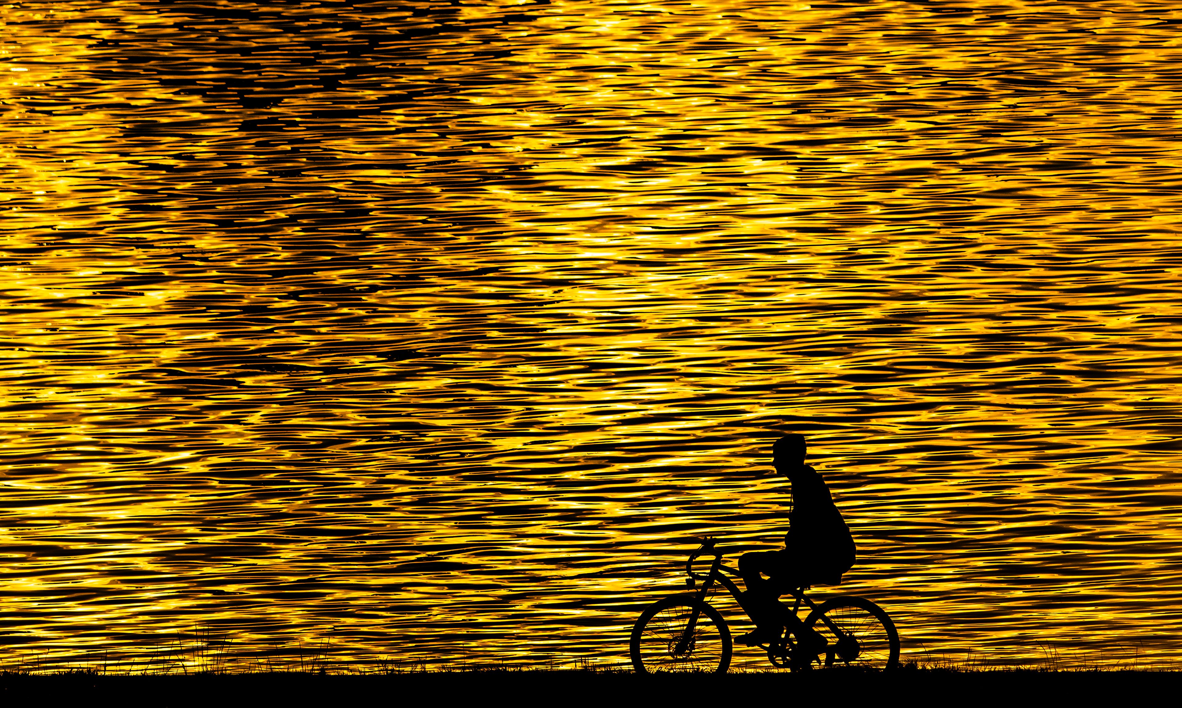 A bicyclist uses no hands while riding down the Lewiston Levee Parkway Trail in Lewiston on Thursday evening as the setting sun turns the Snake River golden.