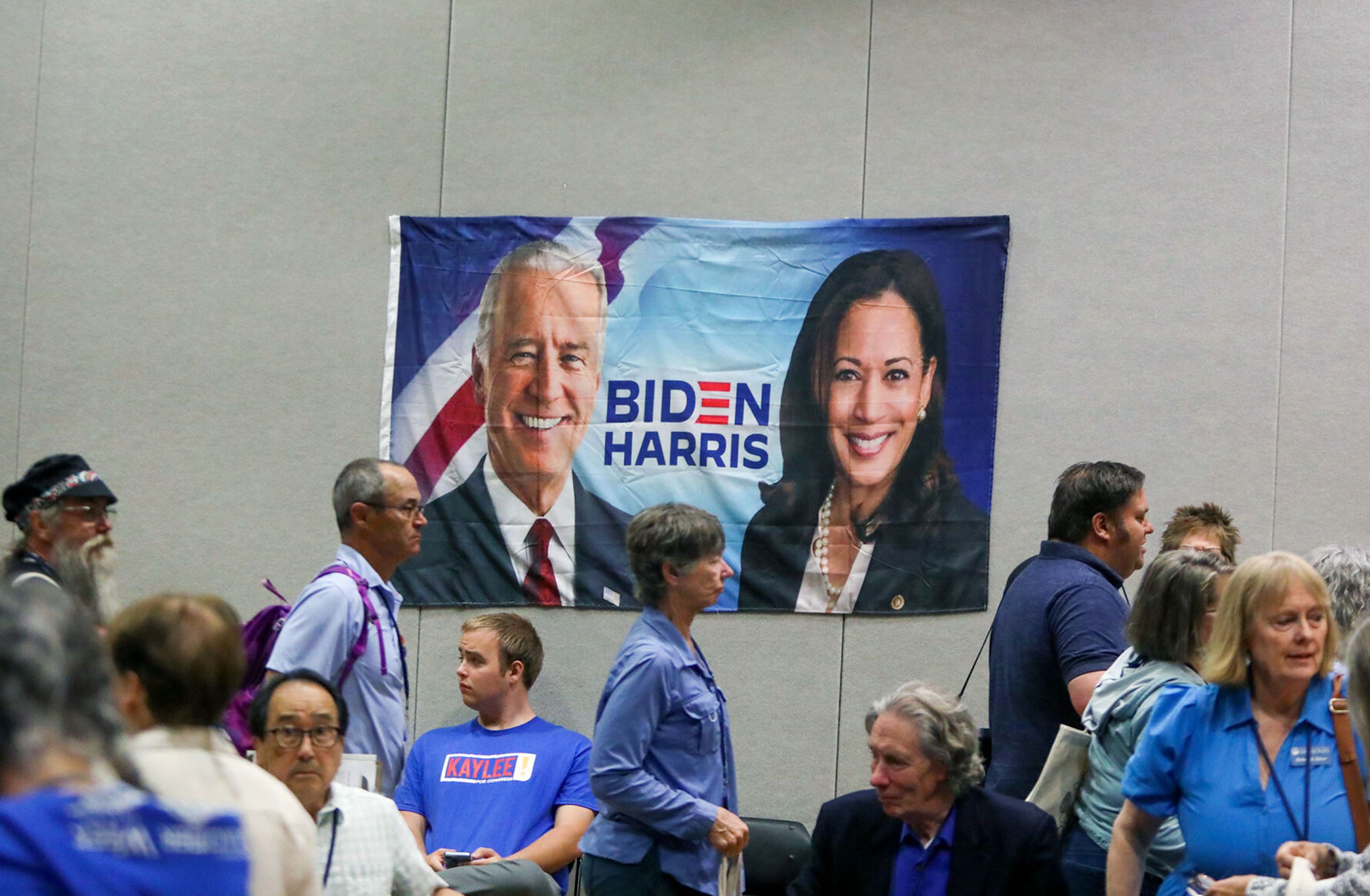 A Biden-Harris flag is hung up on a wall of the Pitman Center during the Idaho Democratic Convention on Saturday in Moscow.