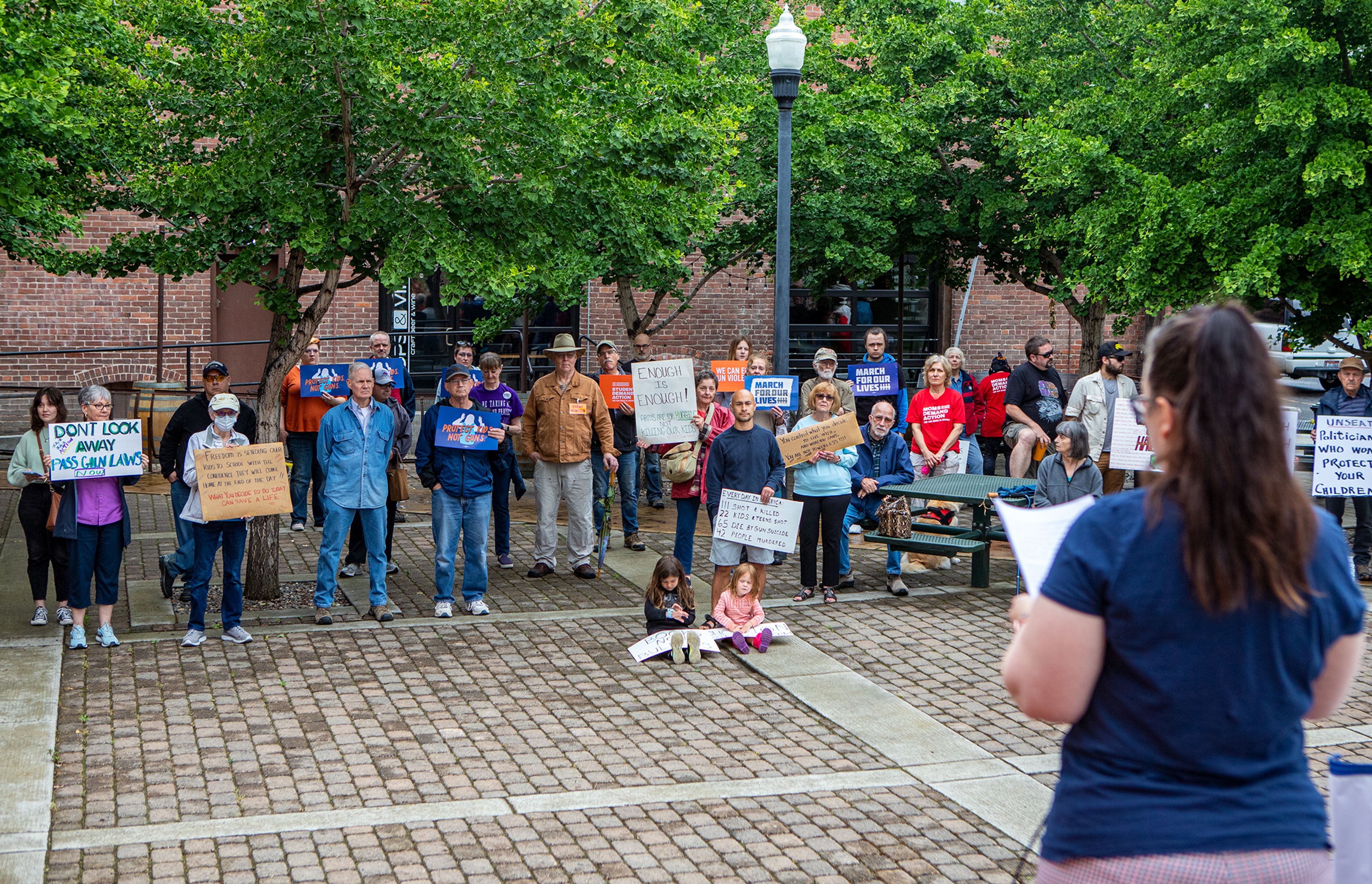 Event organizer Amanda Gill, of Lewiston, addresses a crowd of about 40 people during a March for Our Lives rally Saturday morning at Brackenbury Square in downtown Lewiston. March for Our Lives rallies protesting gun violence were held across the country today after the recent occurance of horrific mass shootings in towns like Uvalde, Texas and Buffalo, New York.