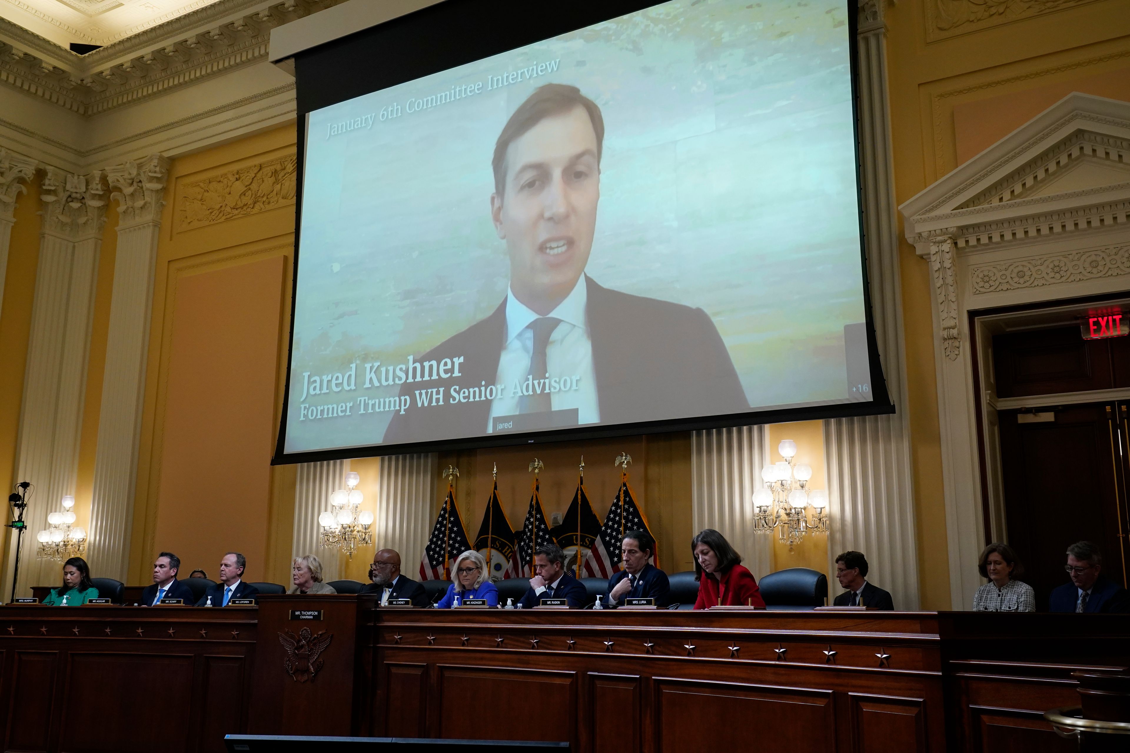 A video showing former White House Senior Advisor Jared Kushner speaking during an interview with the Jan. 6th Committee is shown as committee members from left to right, Rep. Stephanie Murphy, D-Fla., Rep. Pete Aguilar, D-Calif., Rep. Adam Schiff, D-Calif., Rep. Zoe Lofgren, D-Calif., Chairman Bennie Thompson, D-Miss., Vice Chair Liz Cheney, R-Wyo., Rep. Adam Kinzinger, R-Ill., Rep. Jamie Raskin, D-Md., and Rep. Elaine Luria, D-Va., look on, as the House select committee investigating the Jan. 6 attack on the U.S. Capitol holds its first public hearing to reveal the findings of a year-long investigation, at the Capitol in Washington, Thursday, June 9, 2022. (AP Photo/J. Scott Applewhite)