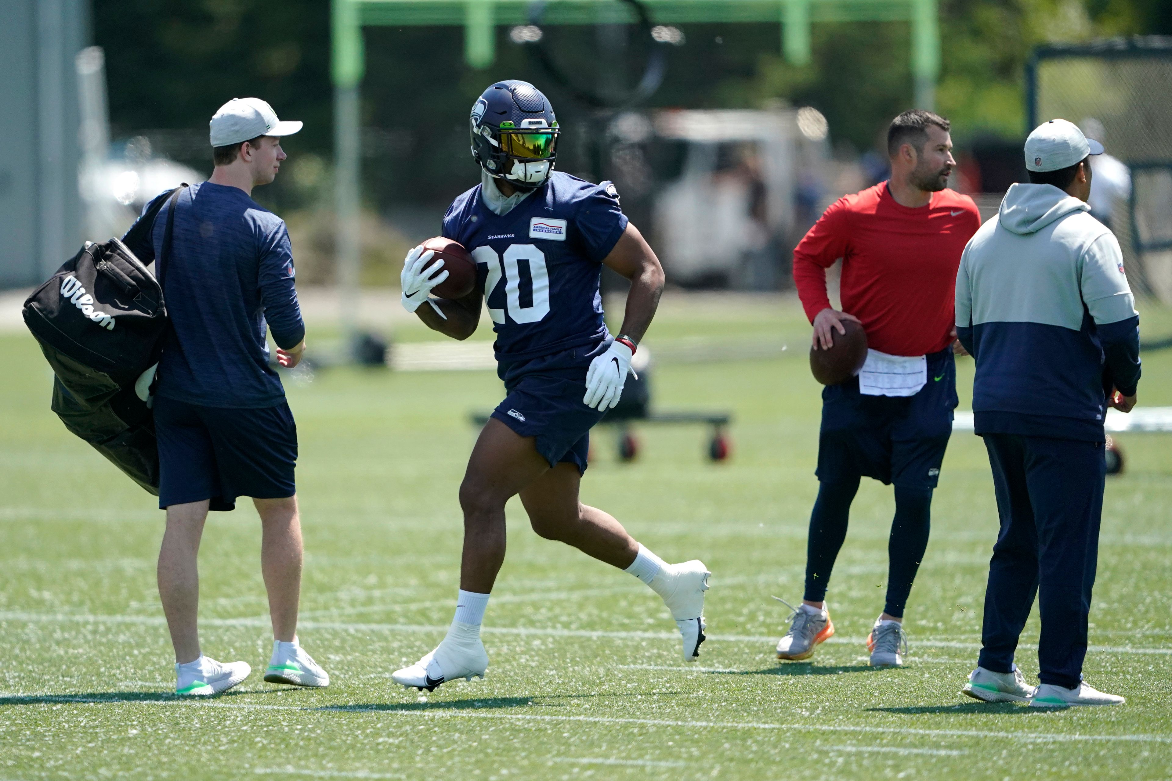 Associated PressSeahawks running back Rashaad Penny (20) works out during practice May 31 in Renton, Wash.