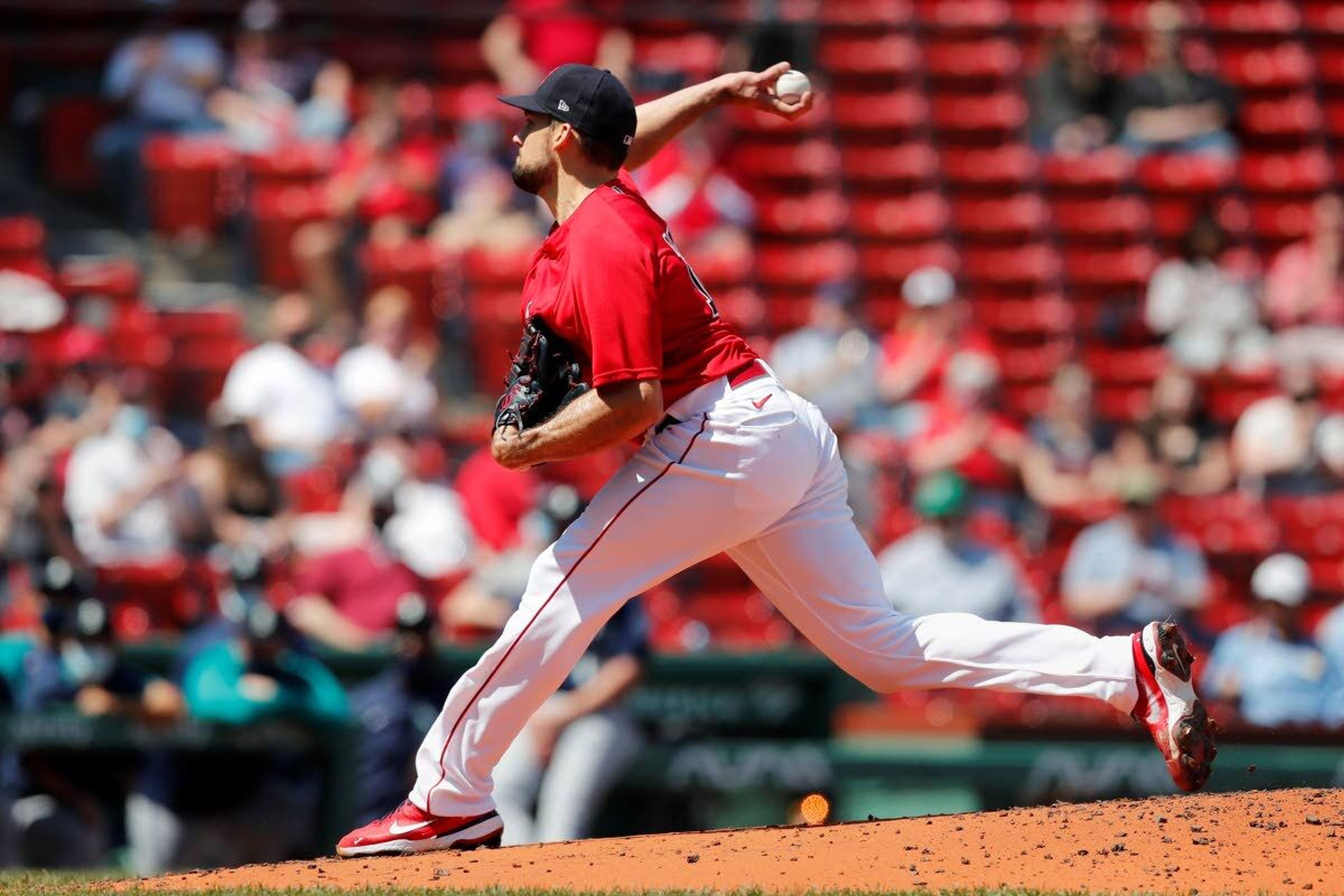 Boston Red Sox's Nathan Eovaldi pitches against the Seattle Mariners during the first inning of a baseball game, Saturday, April 24, 2021, in Boston. (AP Photo/Michael Dwyer)