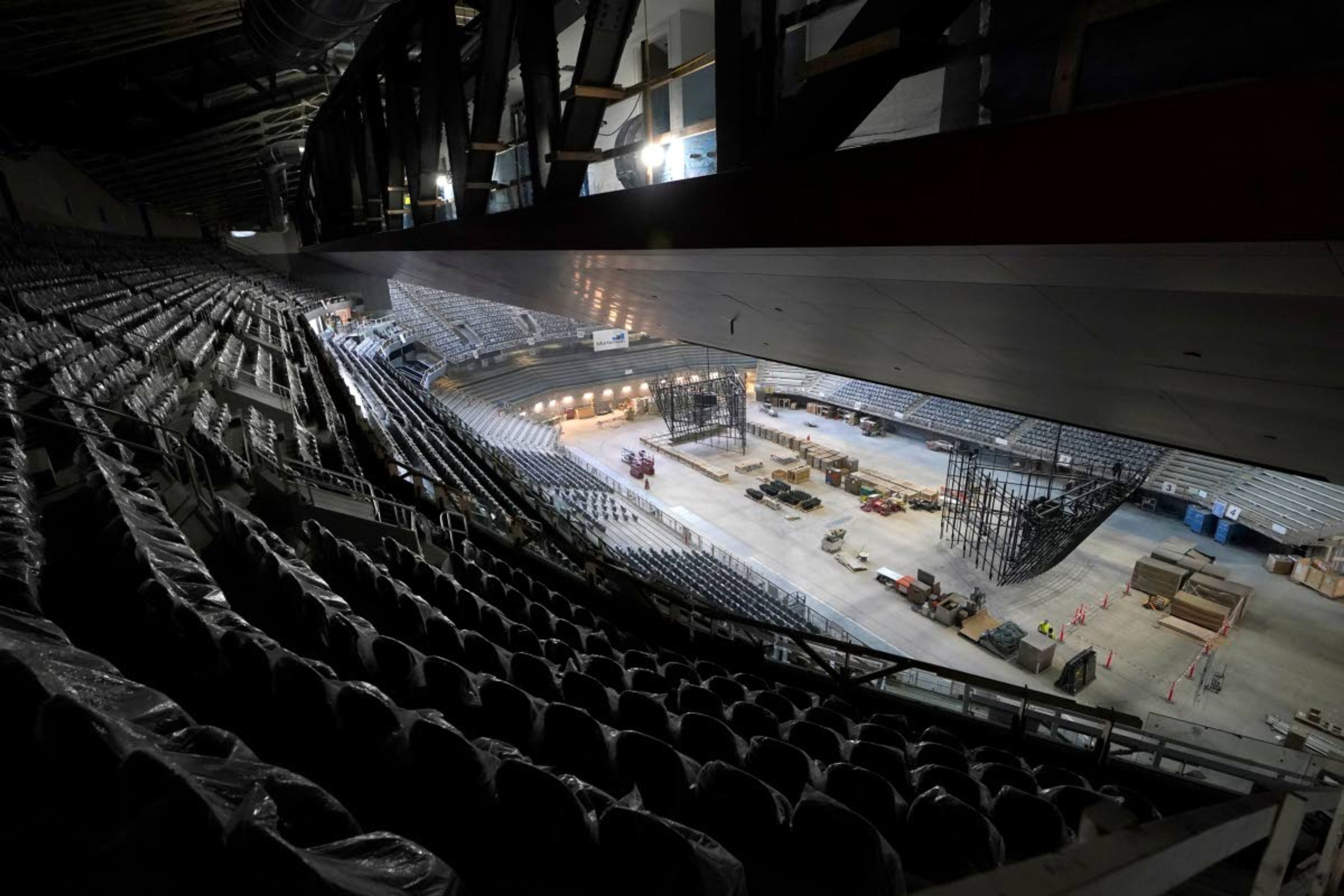 The ice and upper seating areas of Climate Pledge Arena are viewed during a media tour of the facility, Monday, July 12, 2021, in Seattle. The arena will be the home of the NHL hockey team Seattle Kraken and the WNBA Seattle Storm basketball team as well as hosting concerts and other performing arts events. (AP Photo/Ted S. Warren)