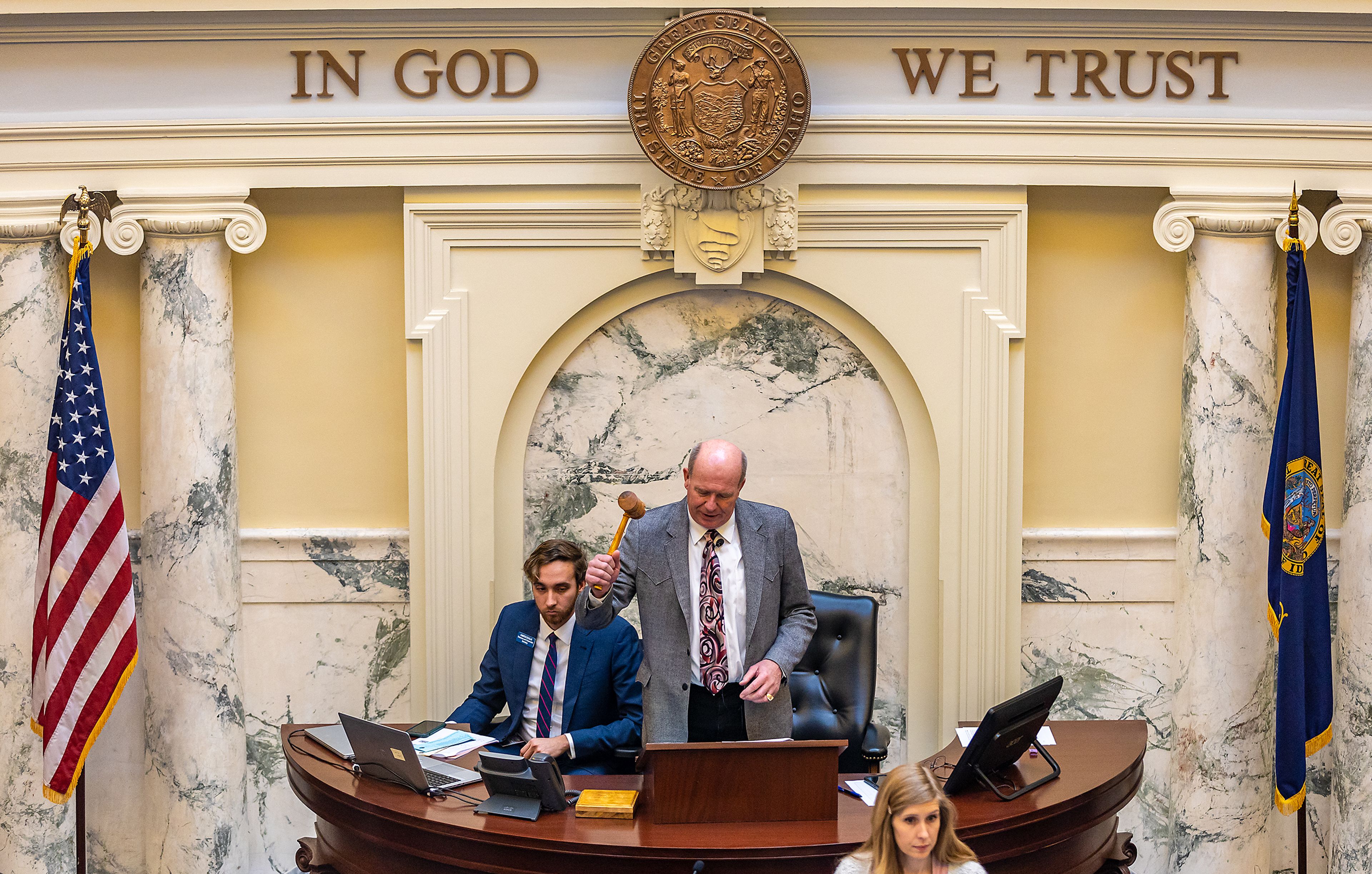 House Speaker Mike Moyle closes out a legislative session Tuesday regarding a ban on transgender care for minors at the Capitol Building in Boise.