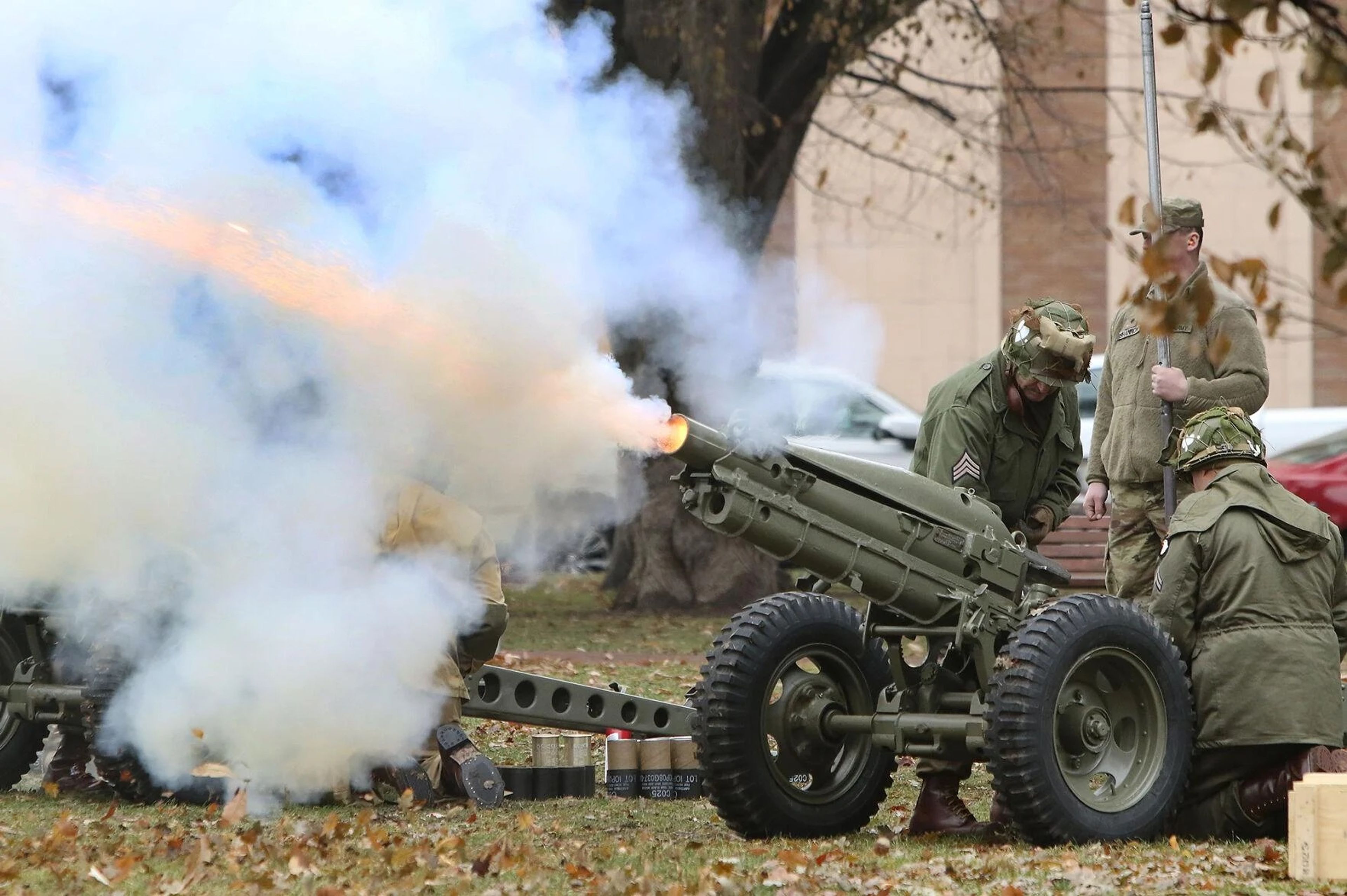 A cannon salute is fired by members of the Idaho Military Museum during Inauguration Day at the Idaho State Capitol on Friday.