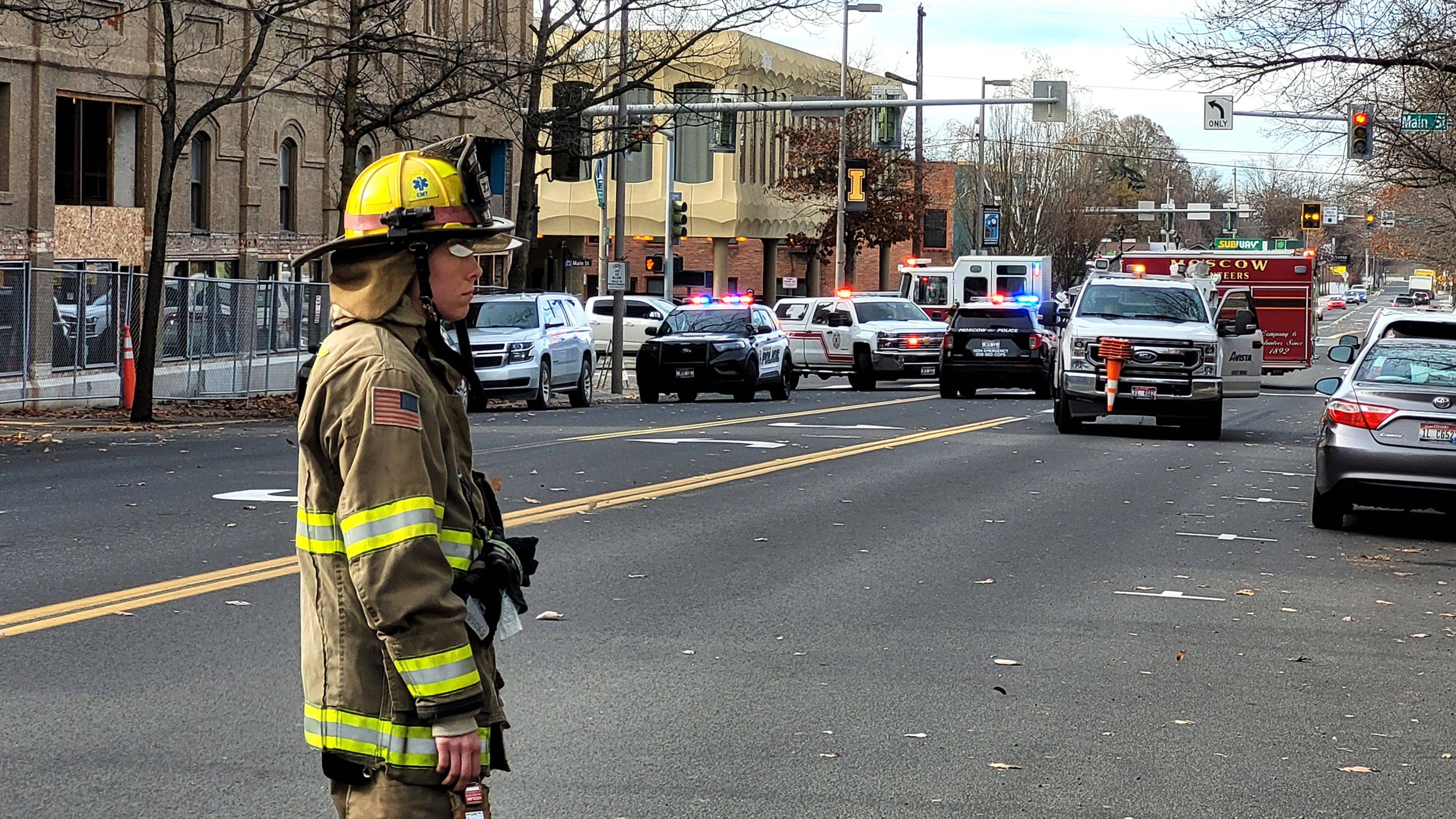 A Moscow Volunteer Fire Department firefighter stands in the middle of Third Street in Moscow between Washington and Main streets on Nov. 22. The block was closed to traffic after a report of a gas leak.