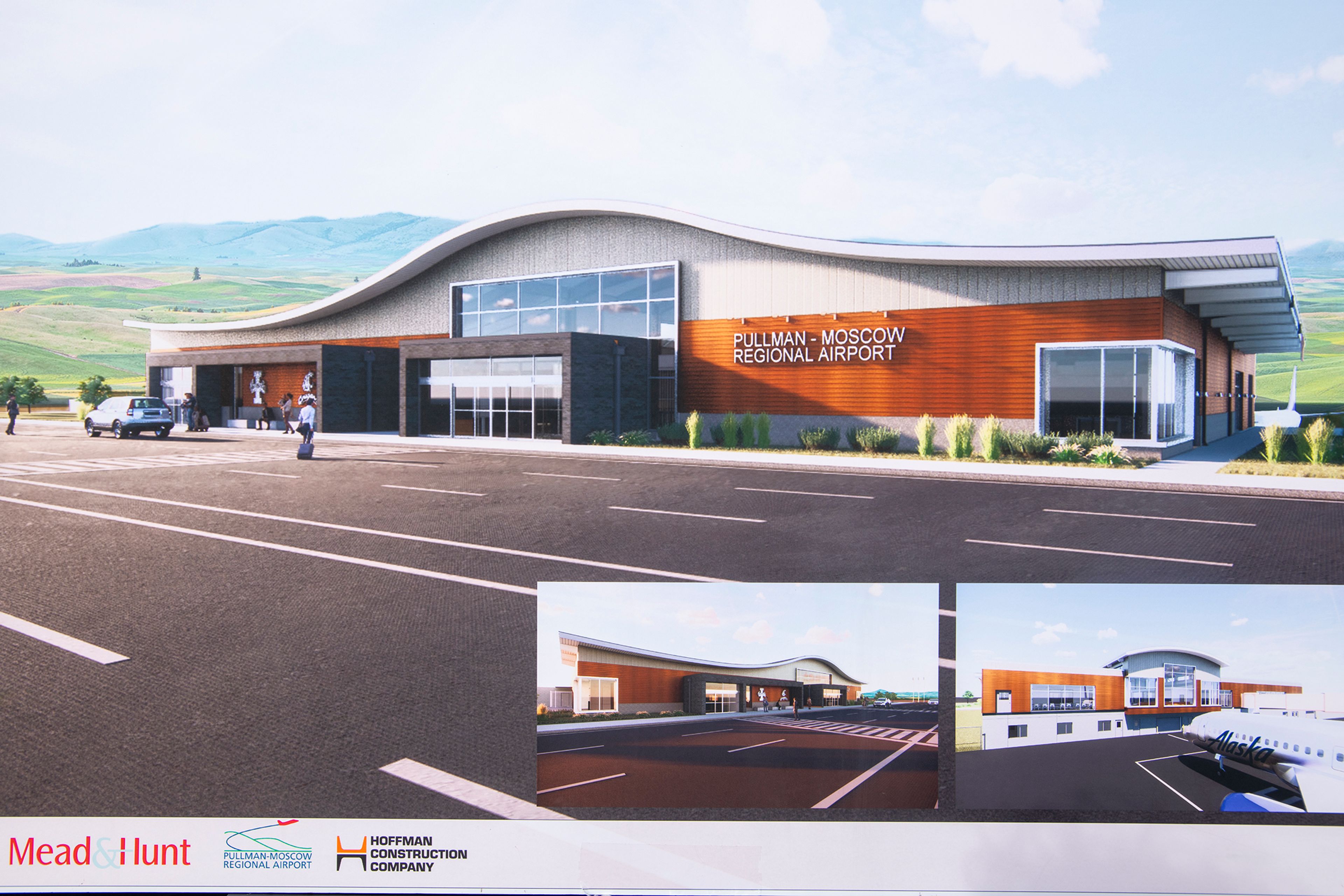 A rendering of the new Pullman-Moscow Regional Airport terminal is seen at a groundbreaking event Wednesday in Pullman.