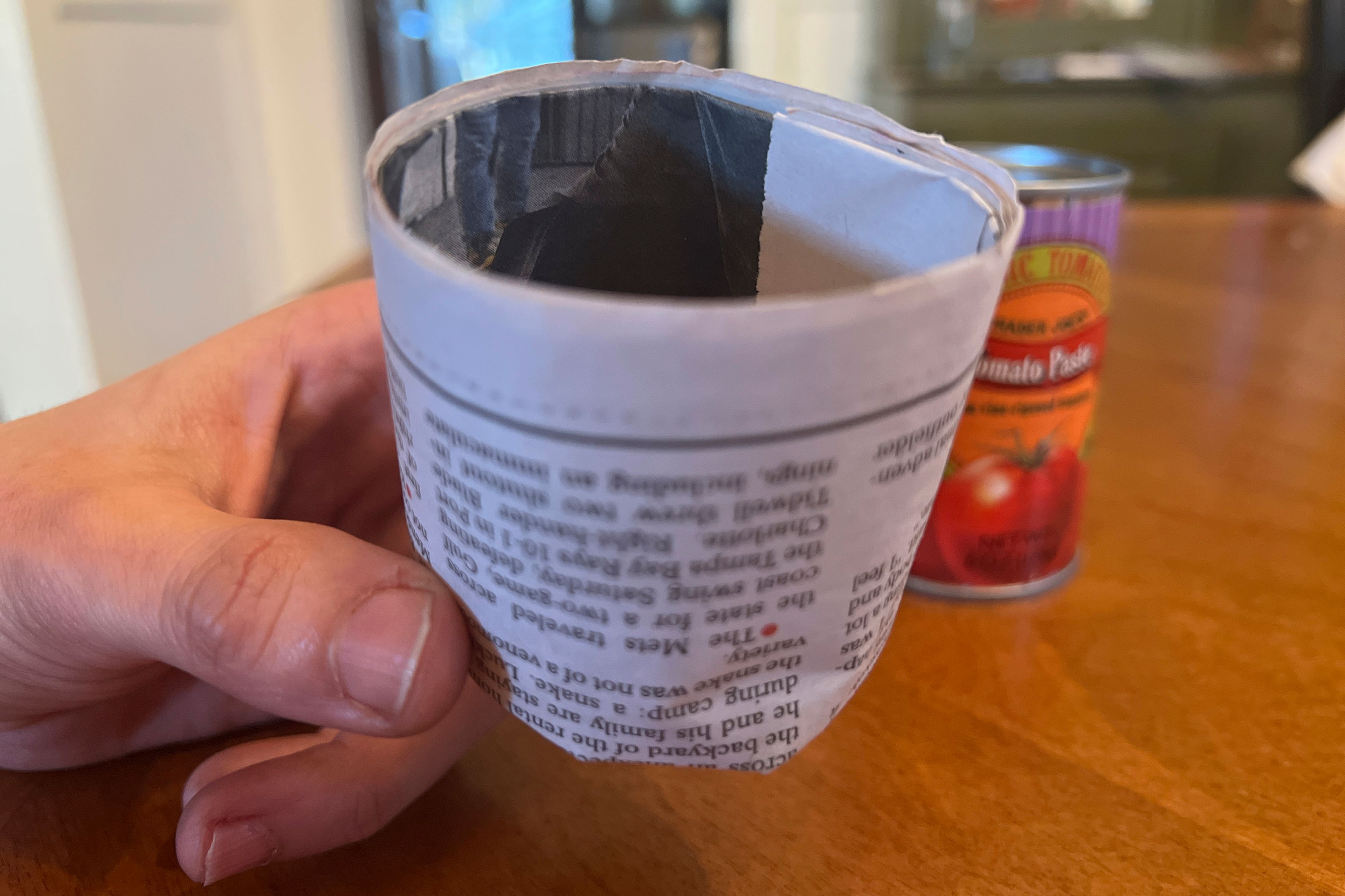 This March 2, 2025, image shows a completed DIY seed pot made from a sheet of newspaper. (Jessica Damiano via AP)