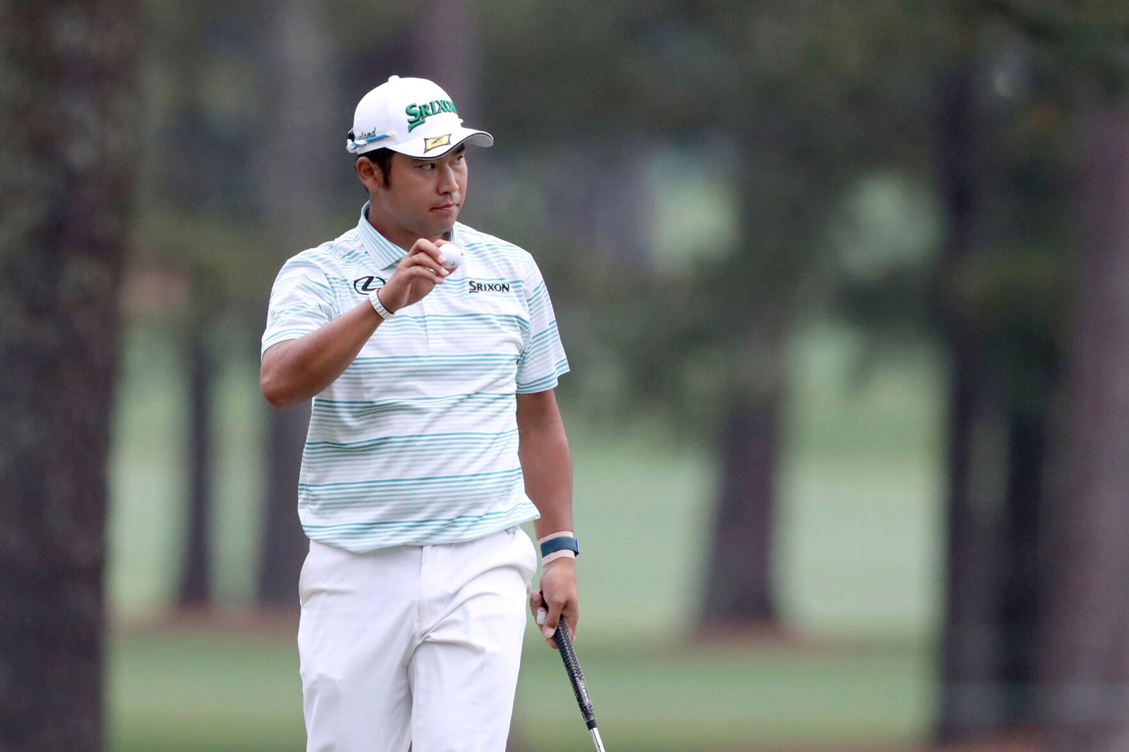 Hideki Matsuyama reacts after making an eagle on No. 15 during Saturday’s third round of the Masters at Augusta National in Augusta, Ga.