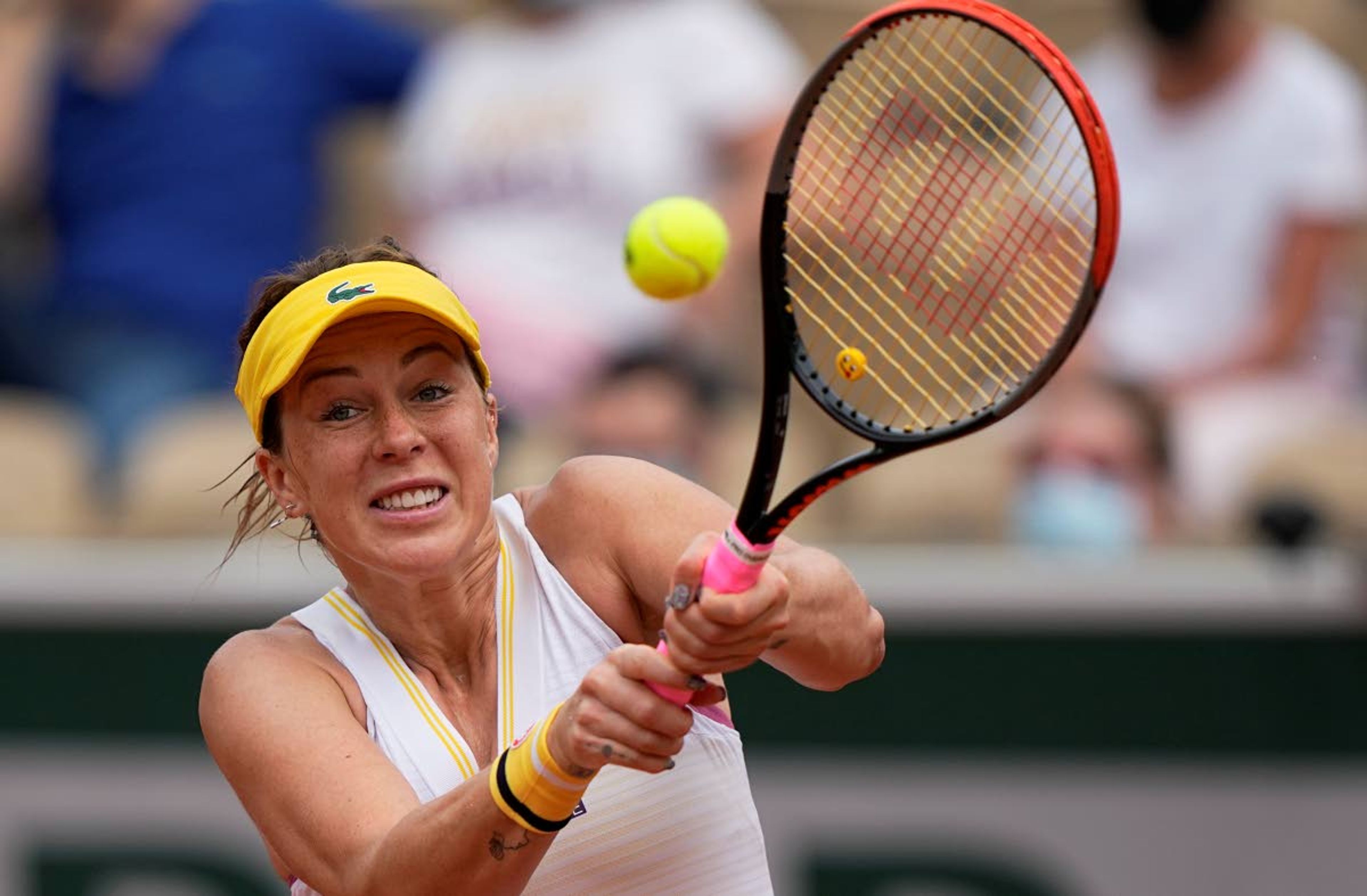 Russia's Anastasia Pavlyuchenkova plays a return to Belarus's Aryna Sabalenka during their third round match on day 6, of the French Open tennis tournament at Roland Garros in Paris, France, Friday, June 4, 2021. (AP Photo/Michel Euler)