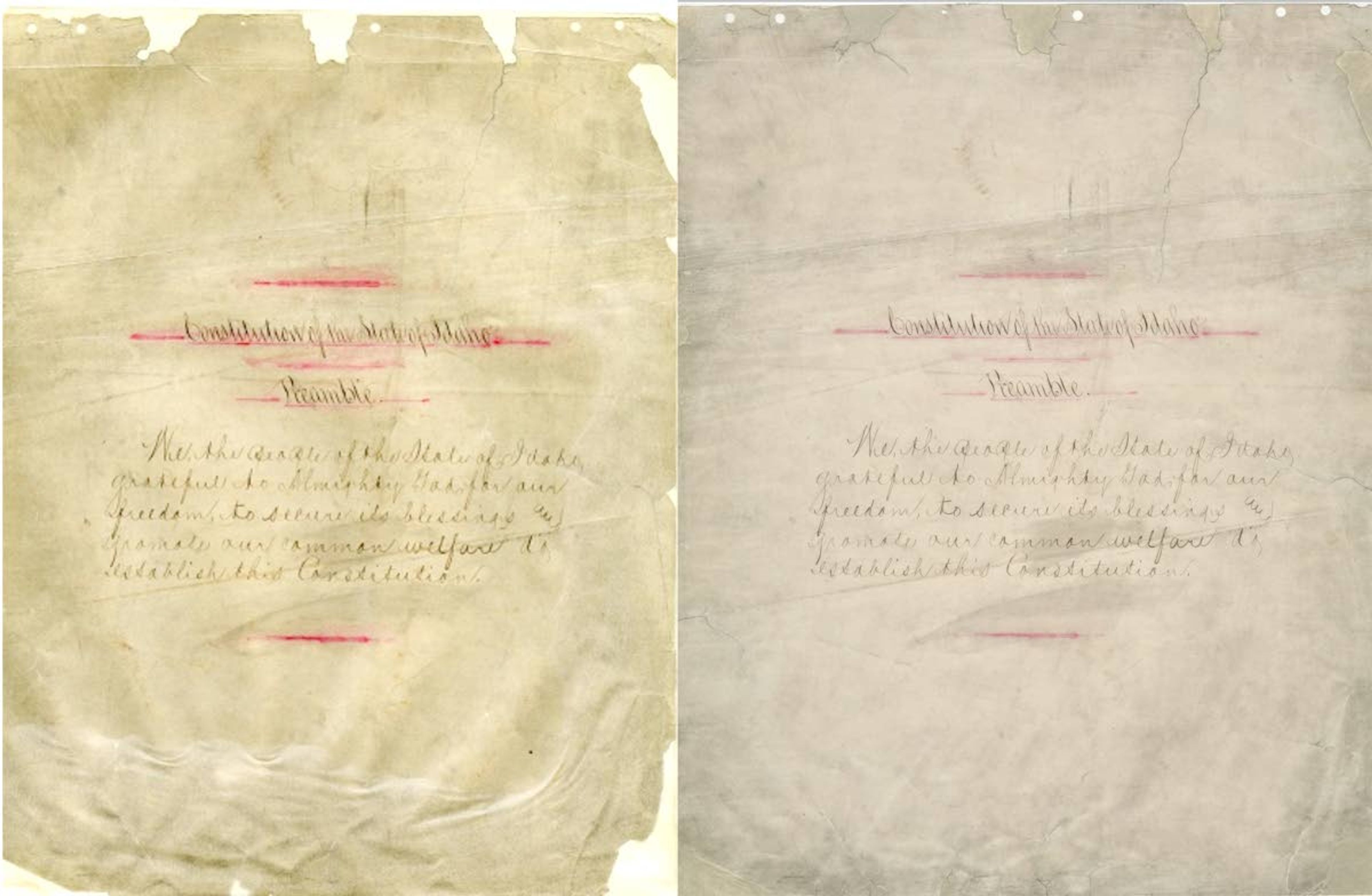 The preamble of the Idaho Constitution before restoration, left, and after, right. The first two pages had been laminated, probably in the 1960s or '70s, which smeared the red lines. Those pages required the most repair work.