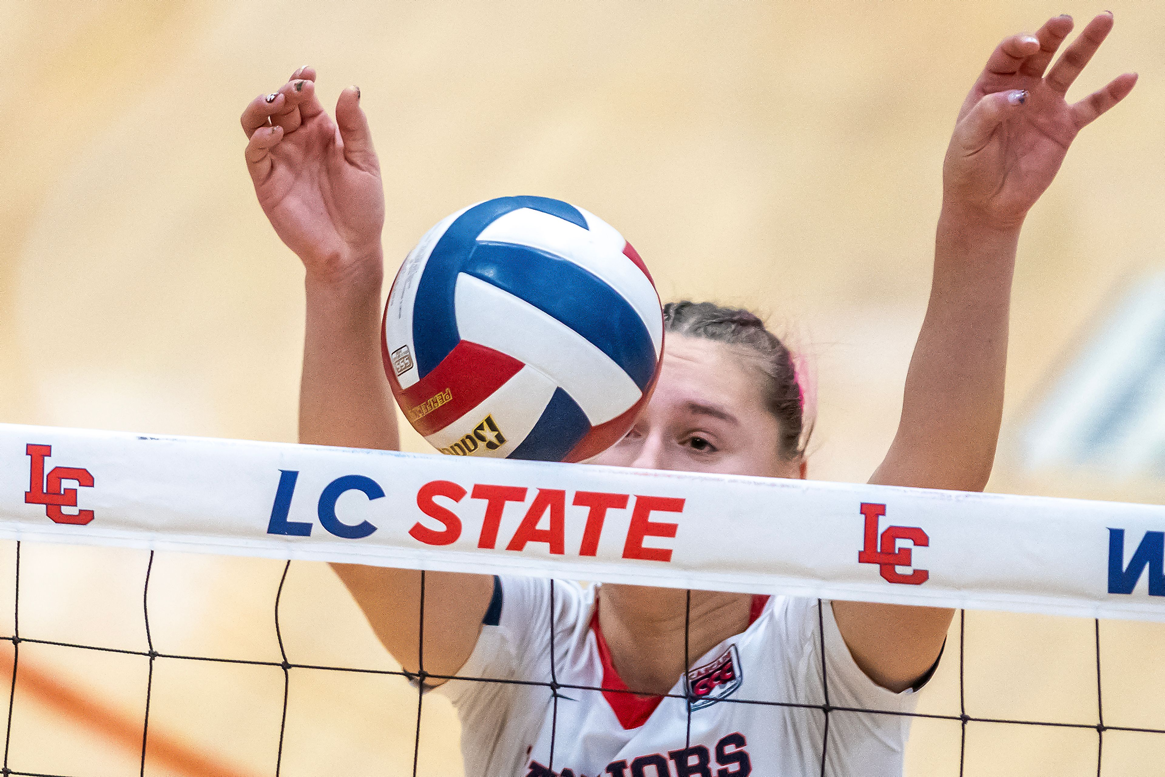 Lewis-Clark State middle blocker Karissa Lindner makes a block against Oregon Tech during a Cascade Conference Tournament play-in match Tuesday at Lewis-Clark State College.