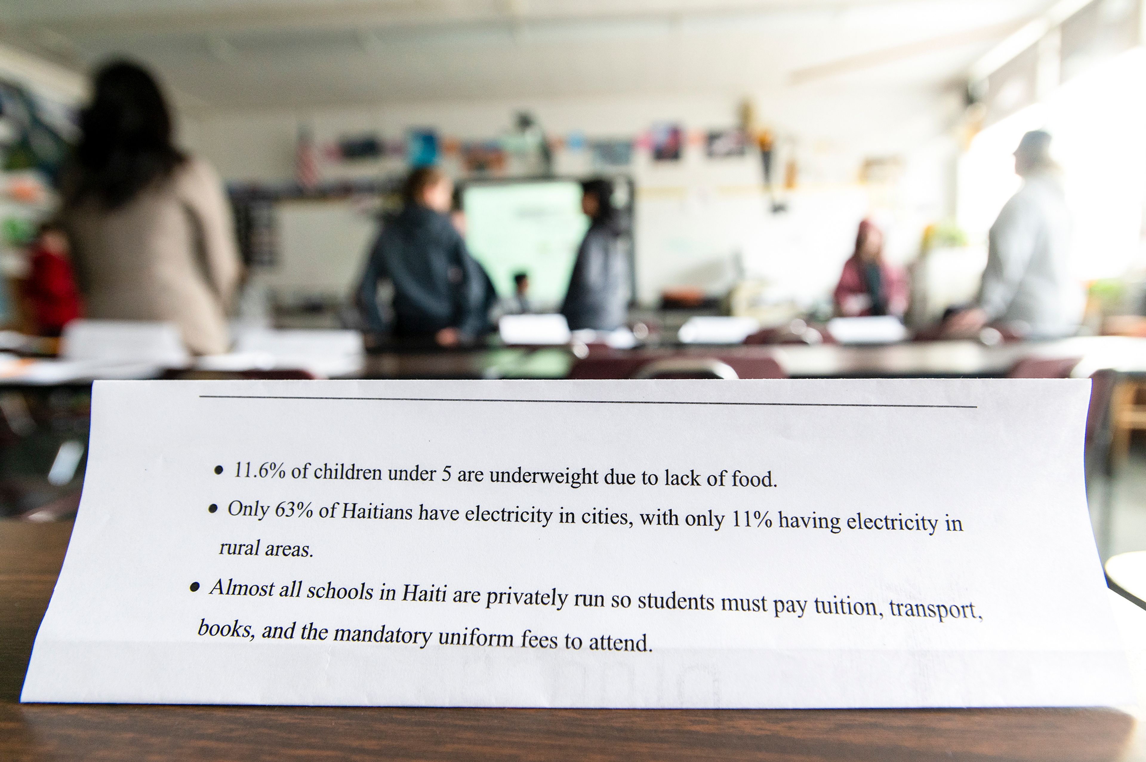 Statistics used as talking points in a Model UN event are seen on a table in Stacy Albrecht’s sixth grade social studies class Wednesday afternoon at Moscow Middle School.