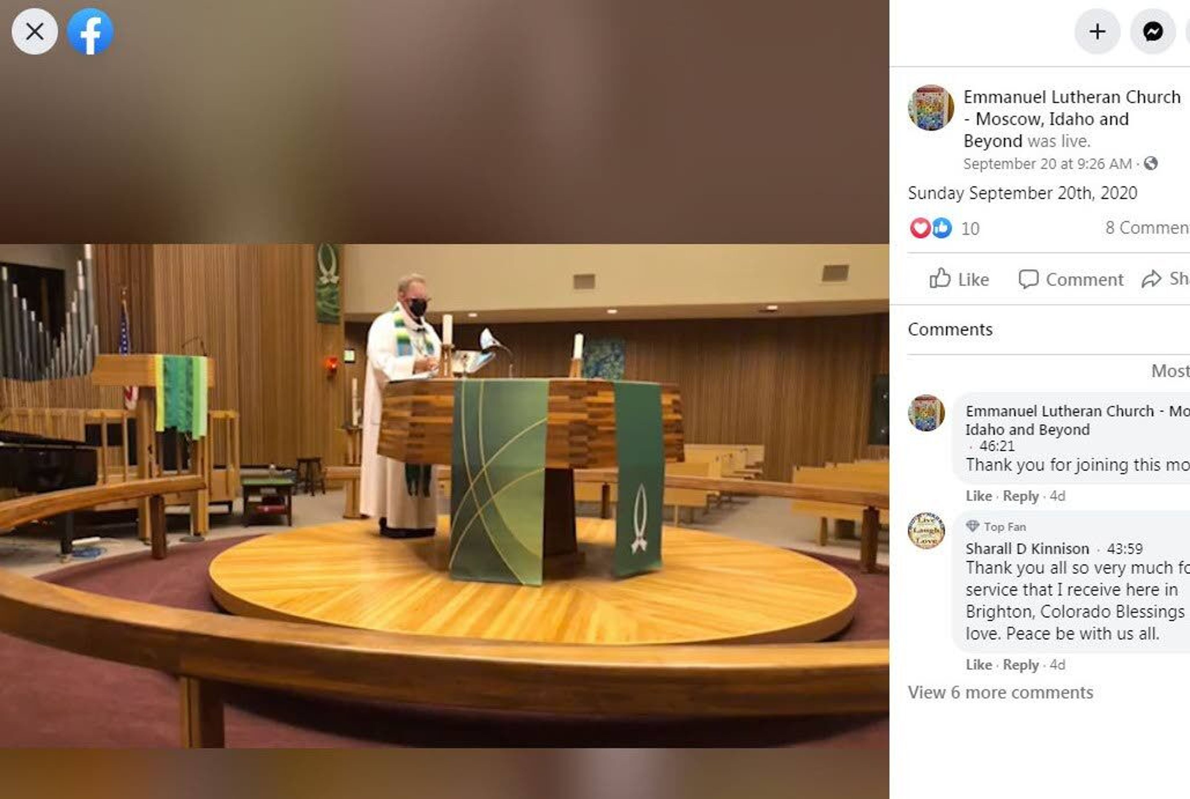 The Emmanuel Lutheran Church pastor leads an online church service on Sunday in Moscow in this screen shot from Facebook.