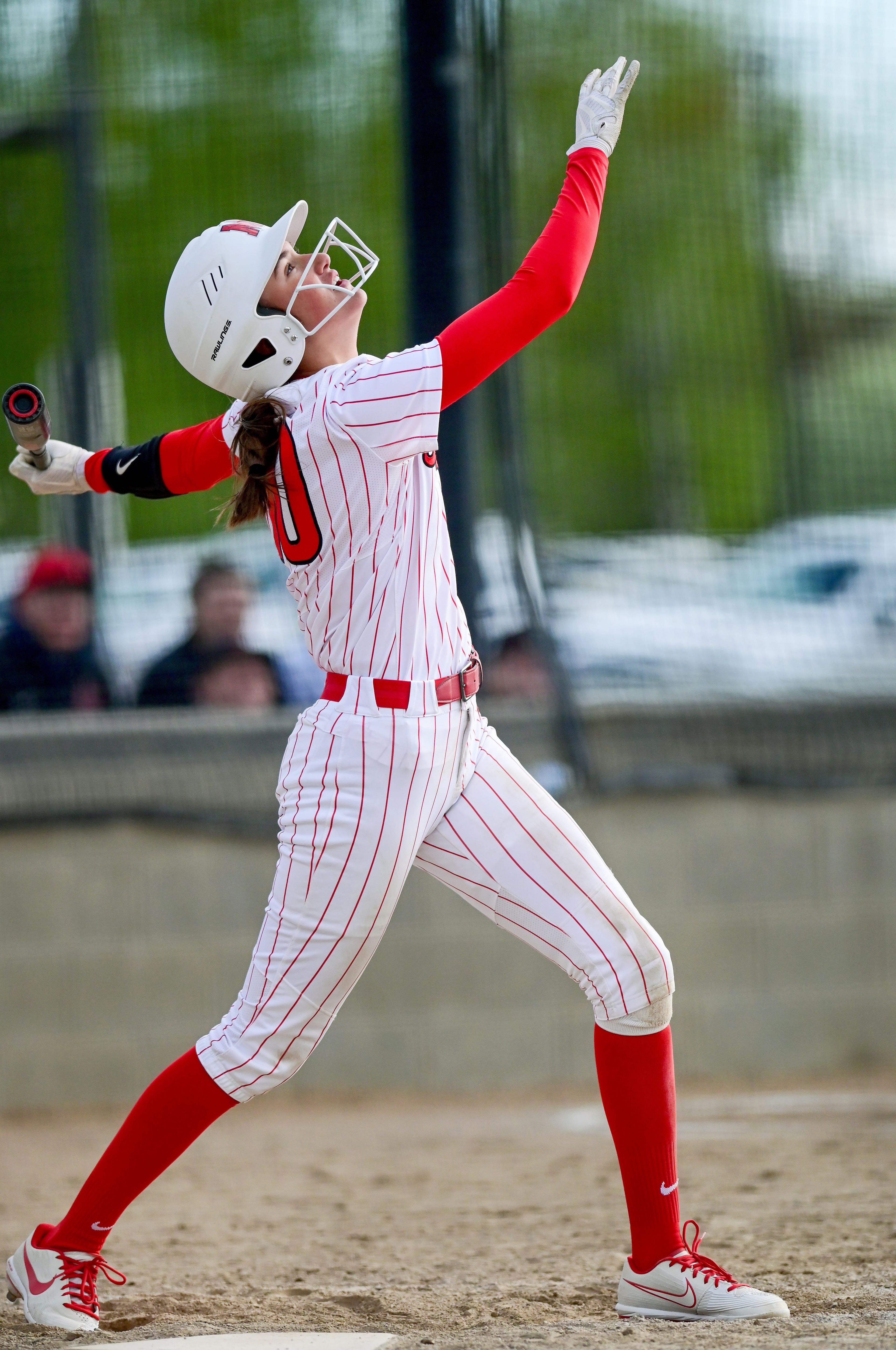 Moscow’s Kaci Kiblen (10) watches the path of a foul ball during a game against Lakeland on Tuesday in Moscow. Kiblen’s next hit was a home run.