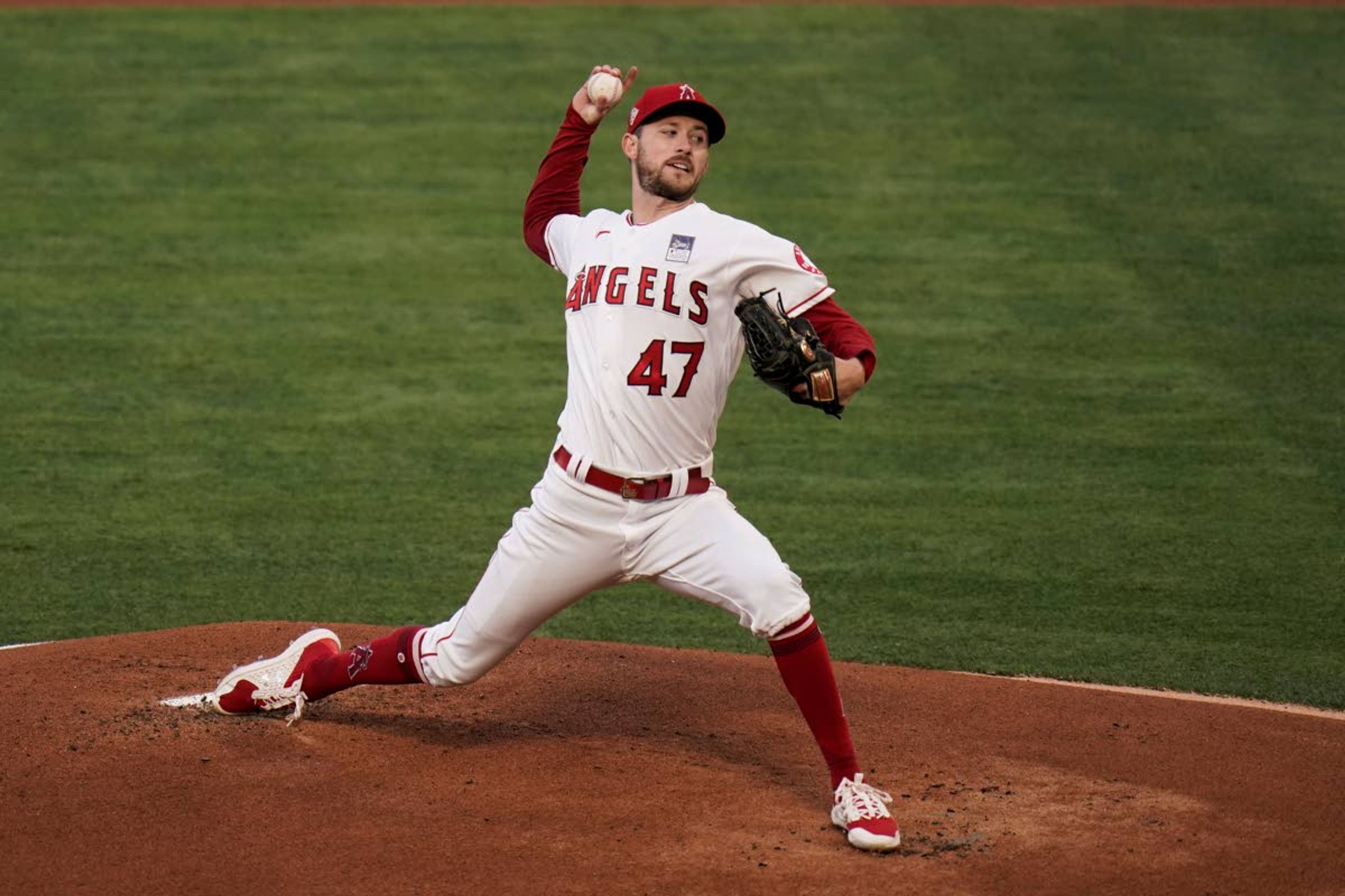 Los Angeles Angels starting pitcher Griffin Canning throws to a Seattle Mariners batter during the first inning of a baseball game in Anaheim, Calif., Thursday, June 3, 2021. (AP Photo/Jae C. Hong)