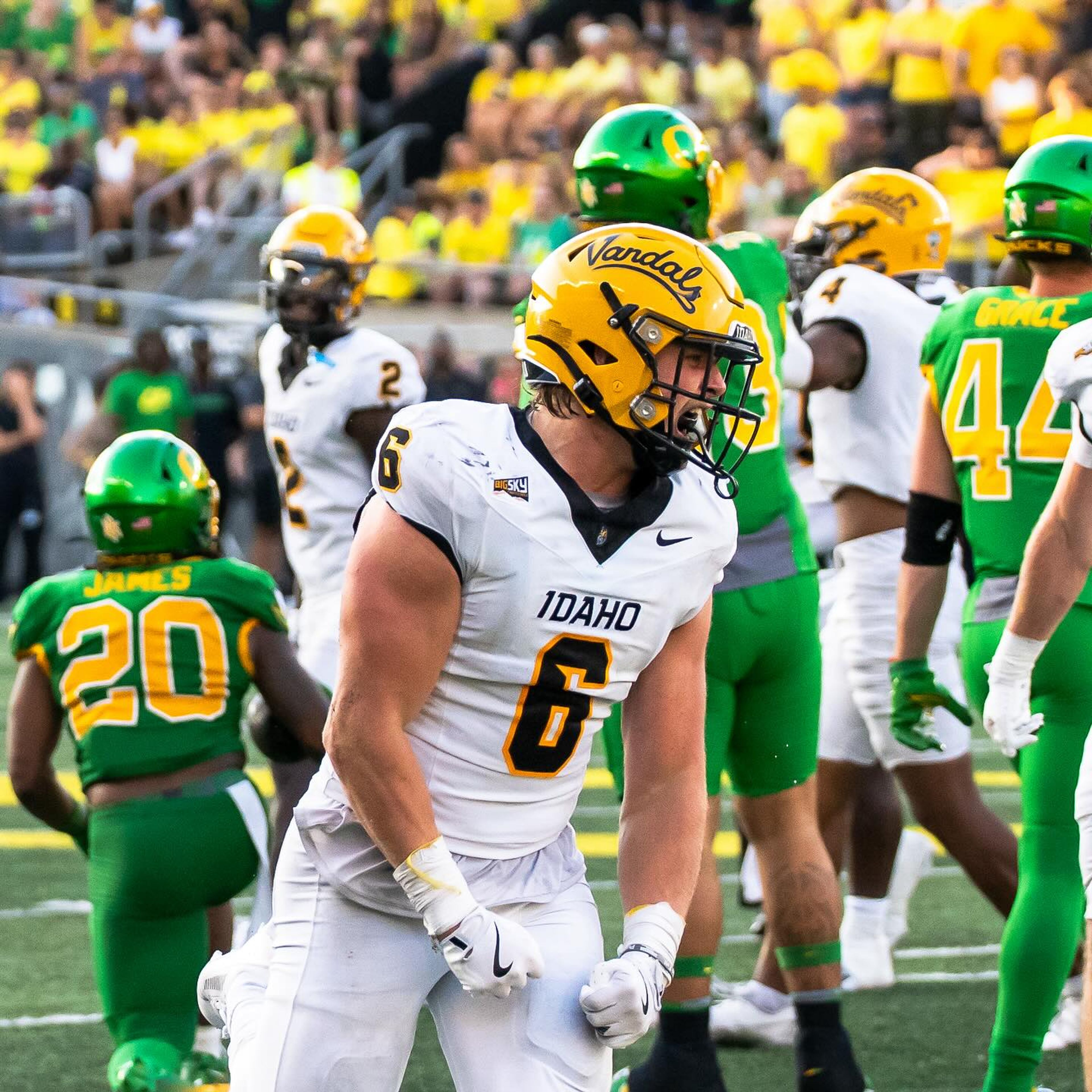 Idaho linebacker Jaxton Eck reacts after a play during a game against No. 3 Oregon on Aug. 31 in Eugene, Ore.