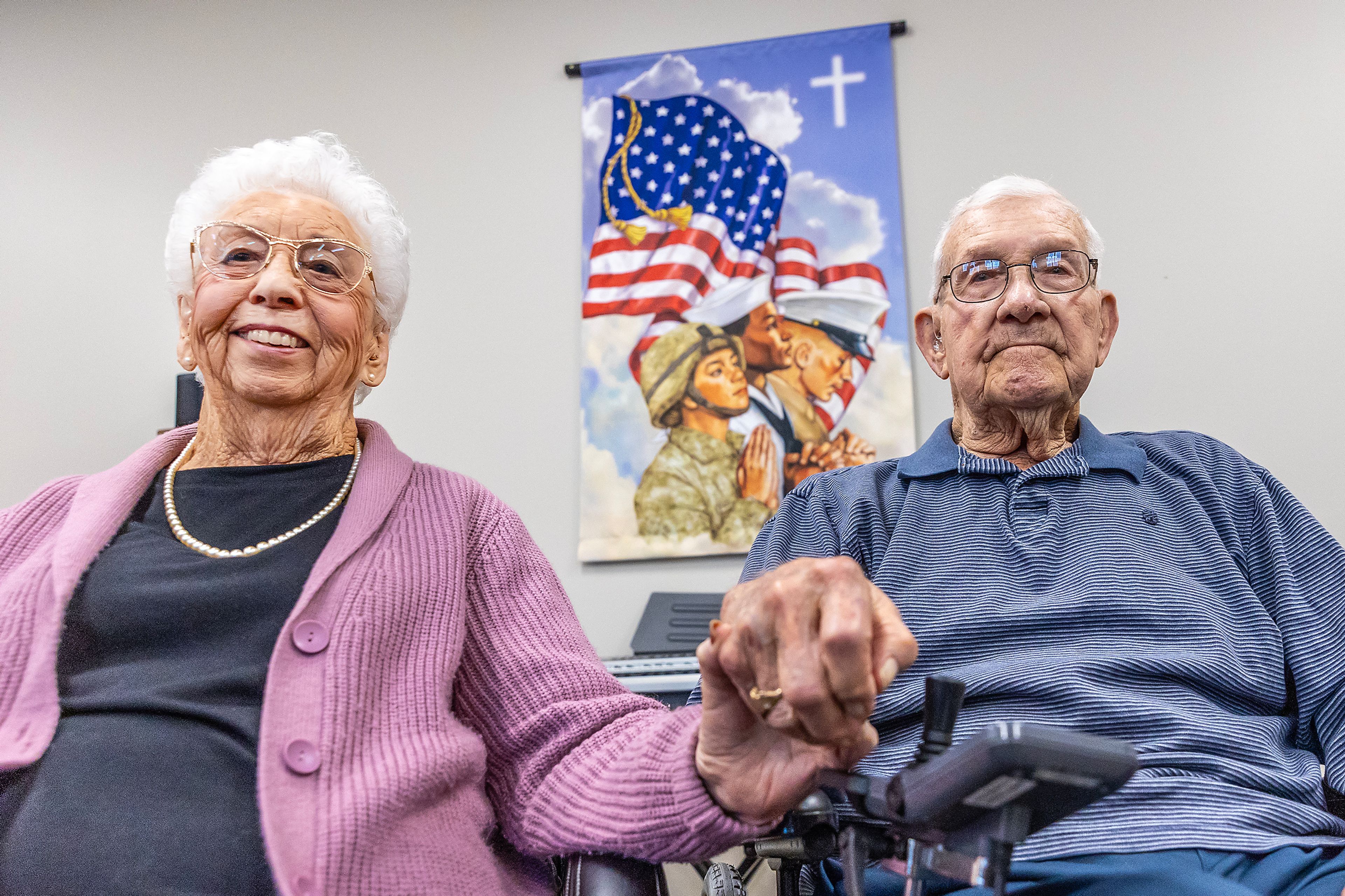 Donald and Carley Lawrence pose for a photo in the chapel at the Idaho State Veterans Home Thursday in Lewiston.