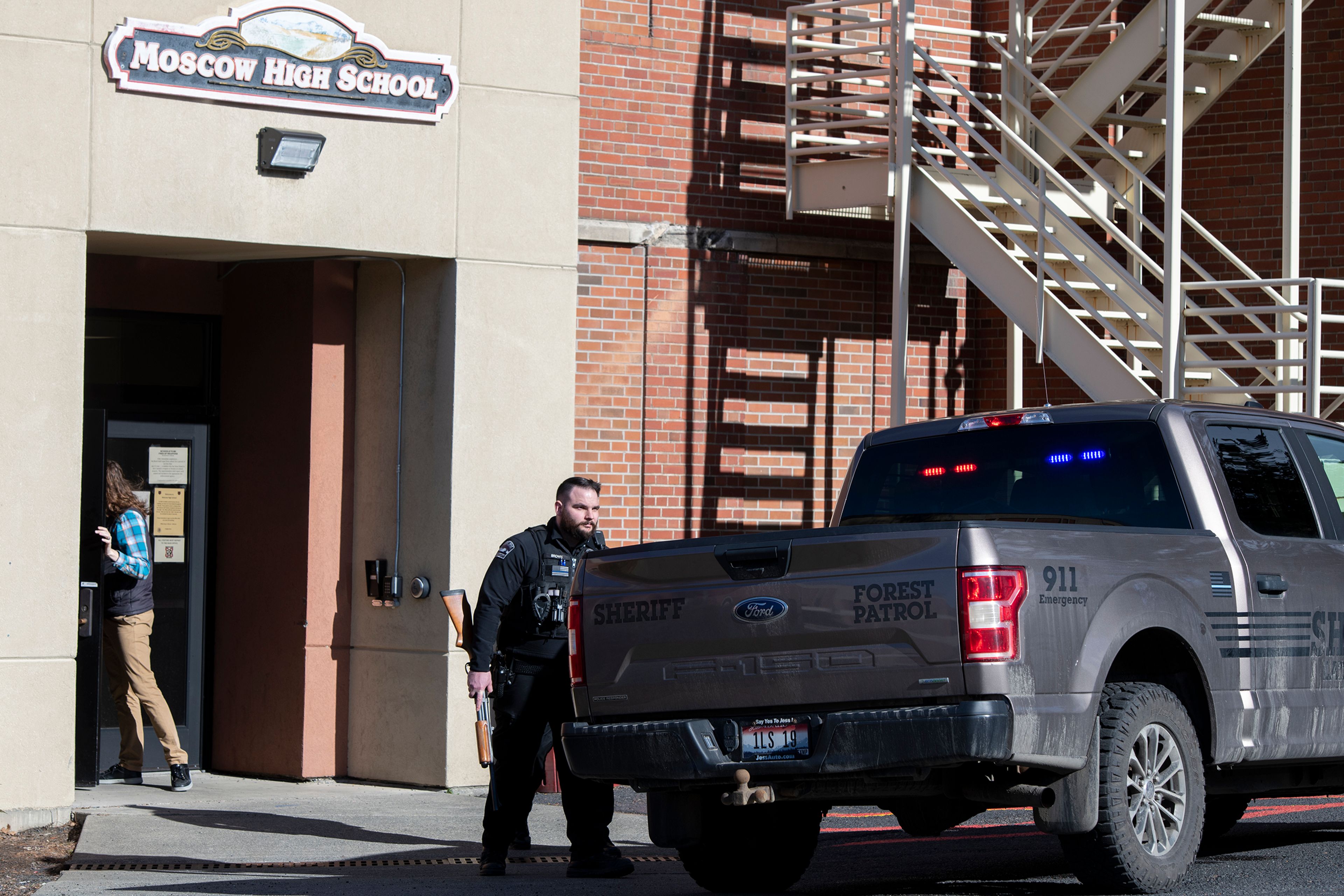 Latah County Sheriff’s Office deputies exit Moscow High School on Wednesday after sweeping through campus for an active threat. “No threats were found inside the school and no one was injured,” according to a Moscow Police Department news release.