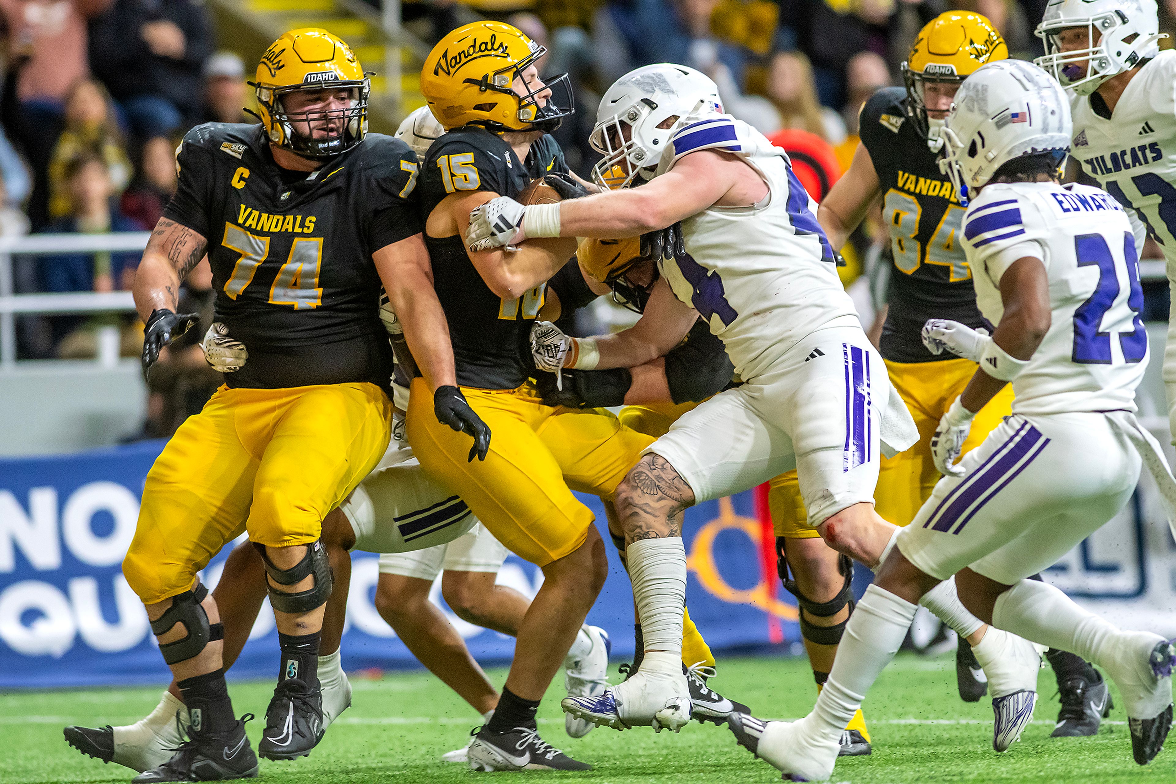 Idaho wide receiver Mark Hamper gets into the end zone amid pressure from Weber State linebacker Mayson Hitchens (middle, during a quarter of a Big Sky conference game Saturday at the P1FCU Kibbie Dome in Moscow.