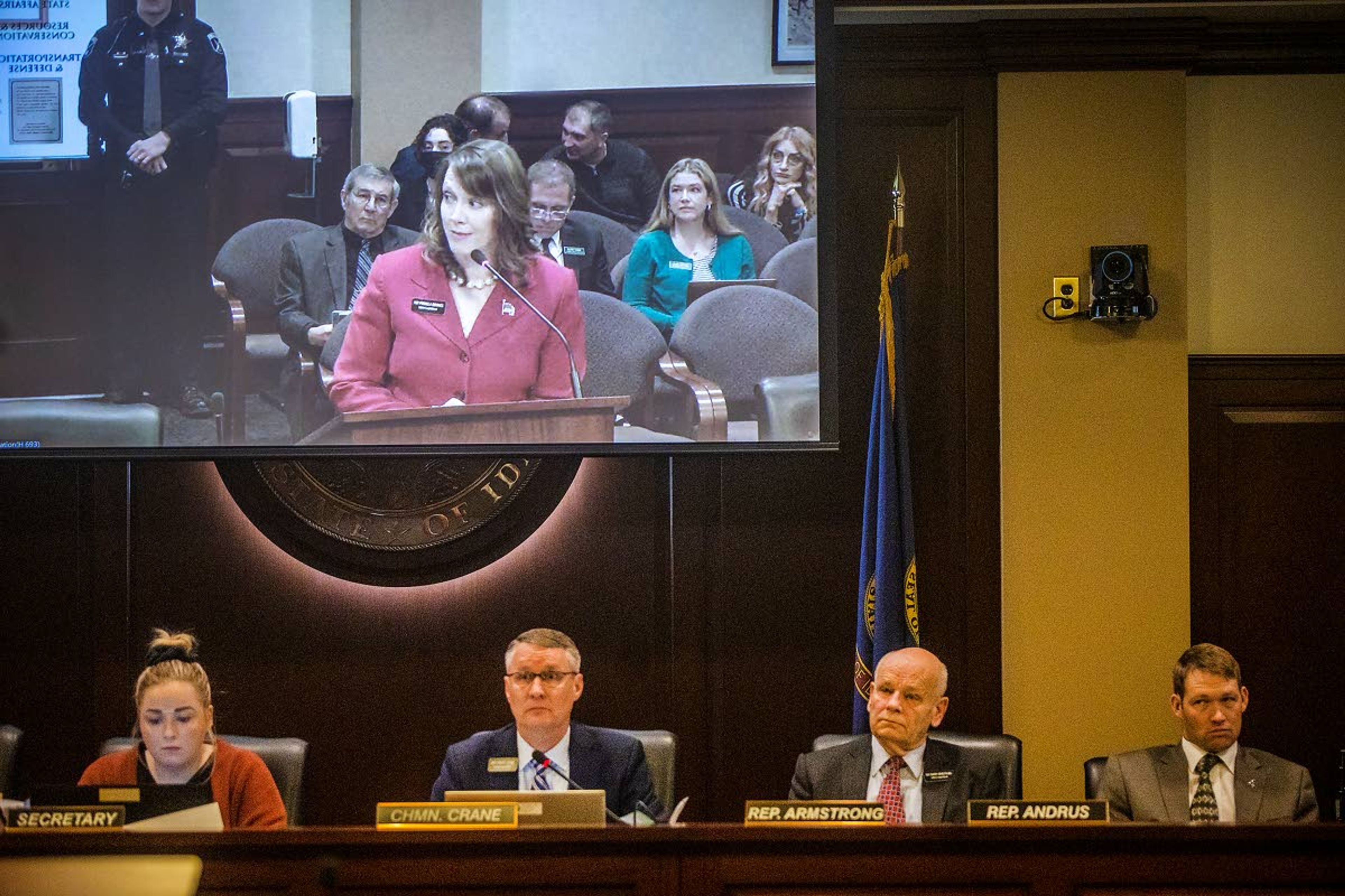 Daily News file Priscilla Giddings, R-White Bird, talks in committee about her bill to ban ballot drop boxes during a hearing last week at the Idaho State Capitol in Boise. The bill passed the House on a 38-32 vote Monday.